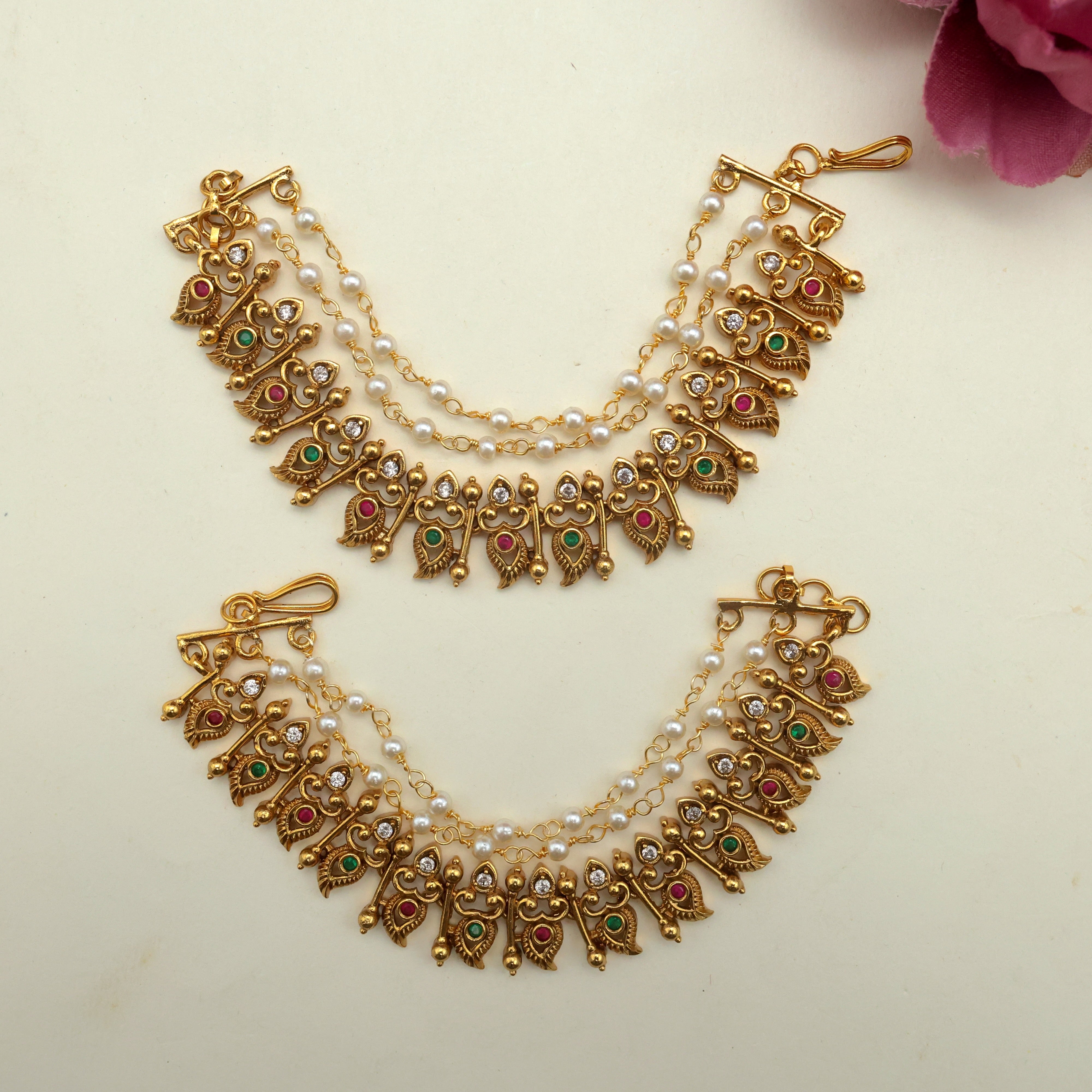 Antique Gold AD Paisley 3 Layer Ear Chain - Bridal Maatal