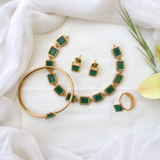 Budget Friendly Rectangle Stone Necklace Set with Adjustable Finger Ring and Bracelet - Emerald