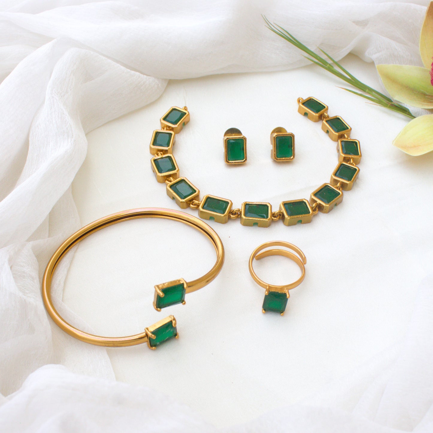 Budget Friendly Rectangle Stone Necklace Set with Adjustable Finger Ring and Bracelet - Emerald