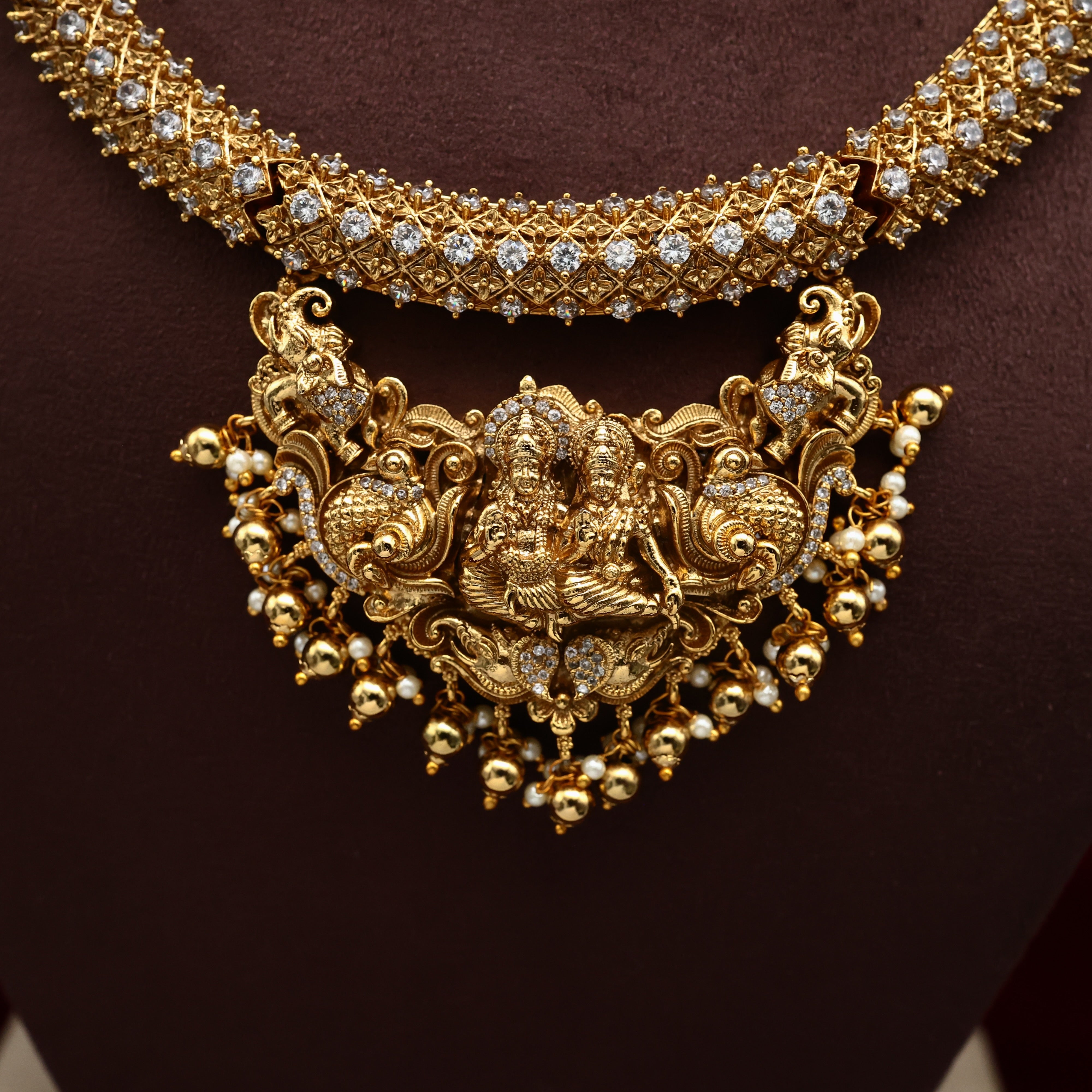 Diamond Look AD Antique Nagas Shivan Parvati Pendant Hasli Necklace Set