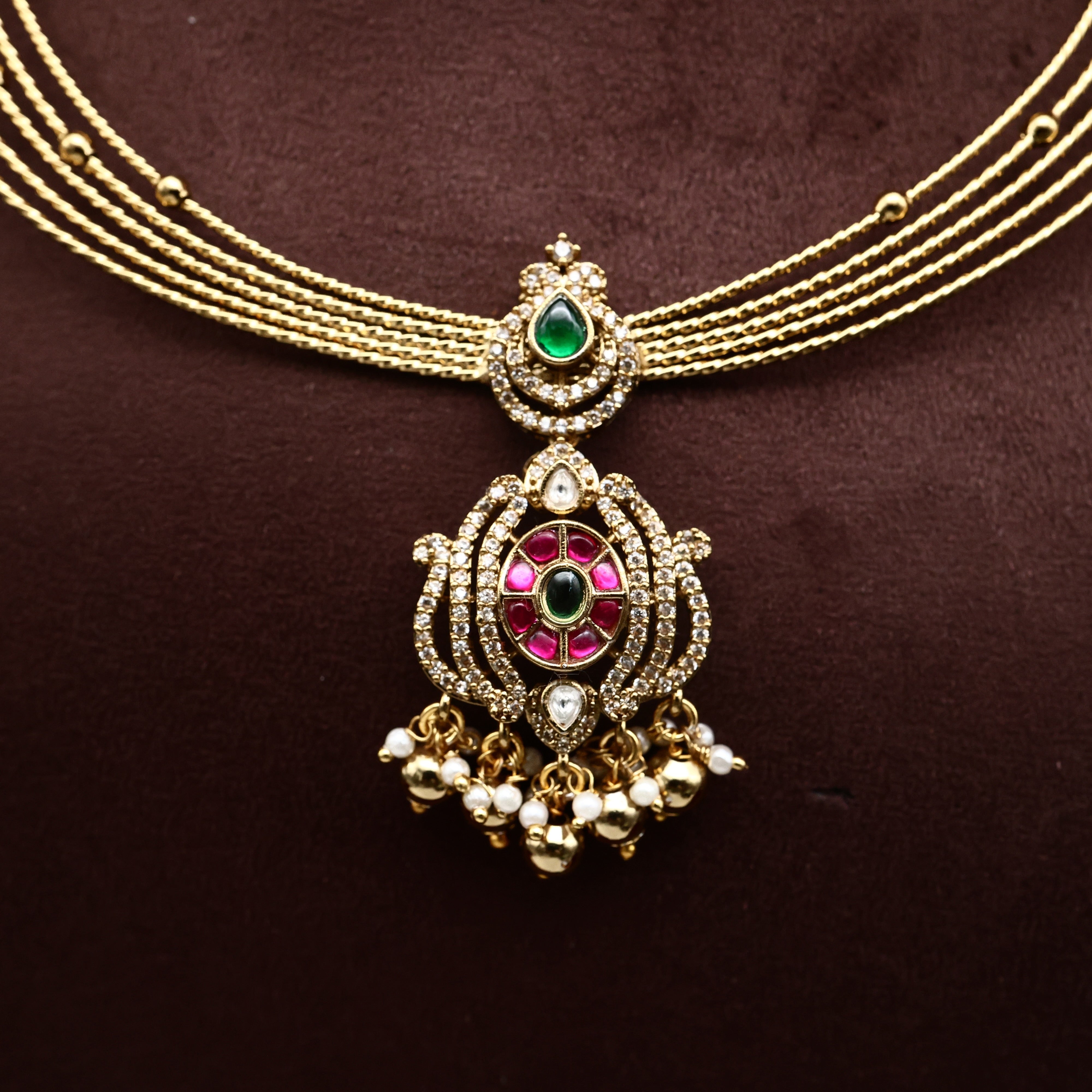 Diamond Look AD Lotus Chakra Flower Hasli Necklace Set - Tranding Kante Design