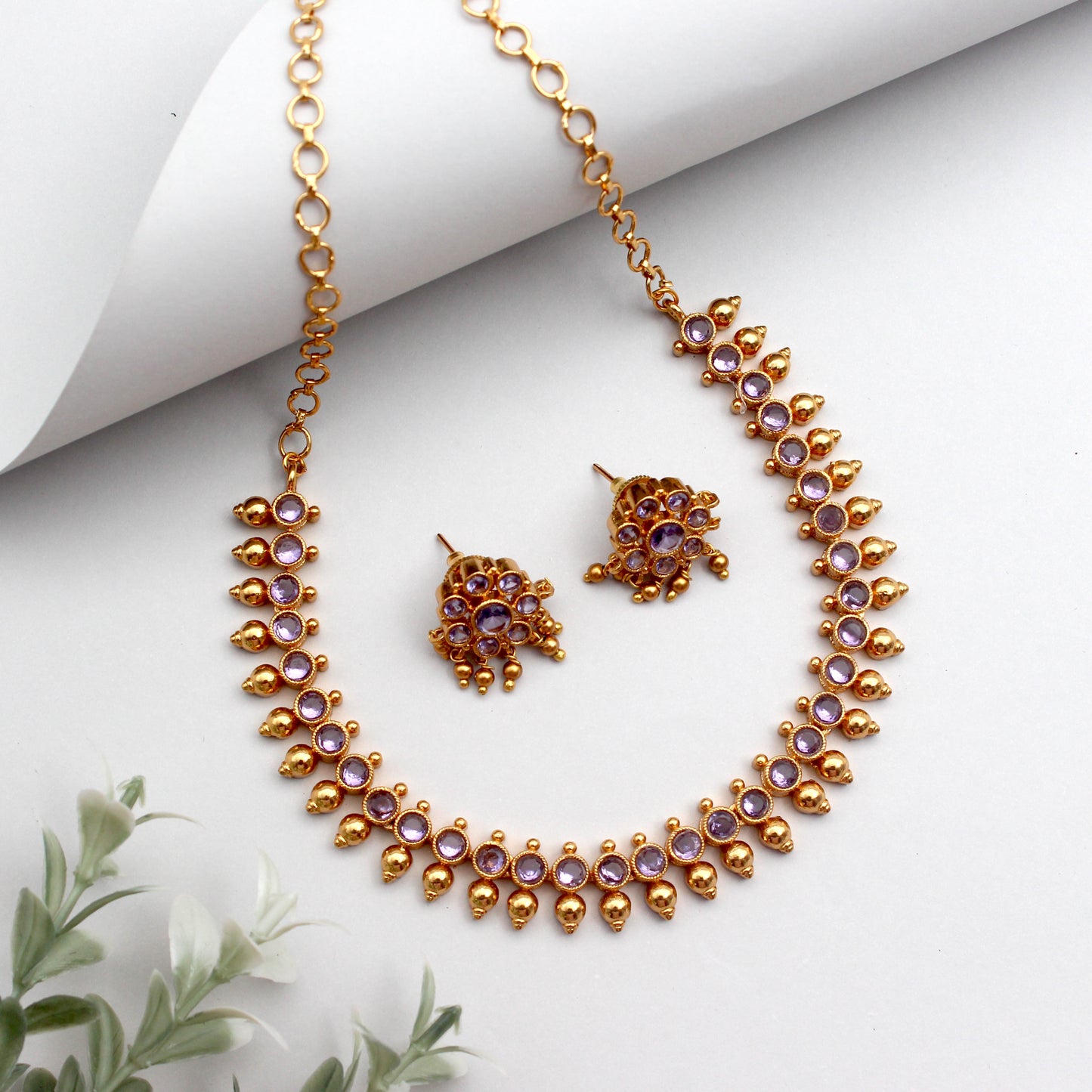 Antique Gold Premium Button Balls Necklace - Lavendar