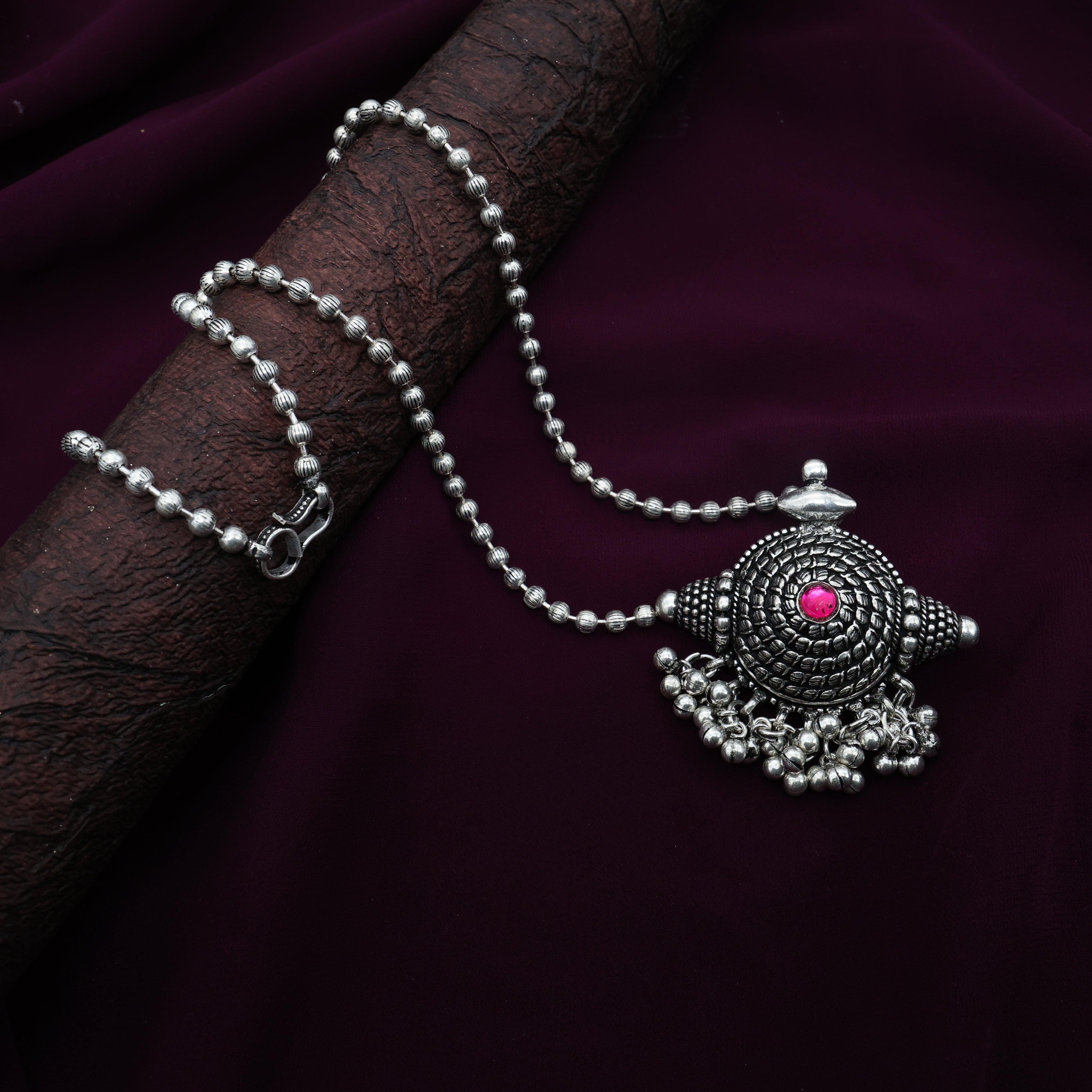 German Silver Oxidised Kolhapuri Chakra Pendant Mala