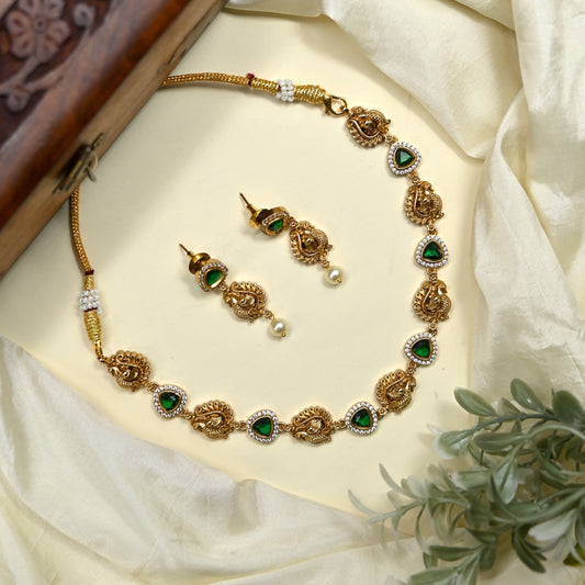 Real Gold Look Annapakshi AD CZ Stone Necklace Set