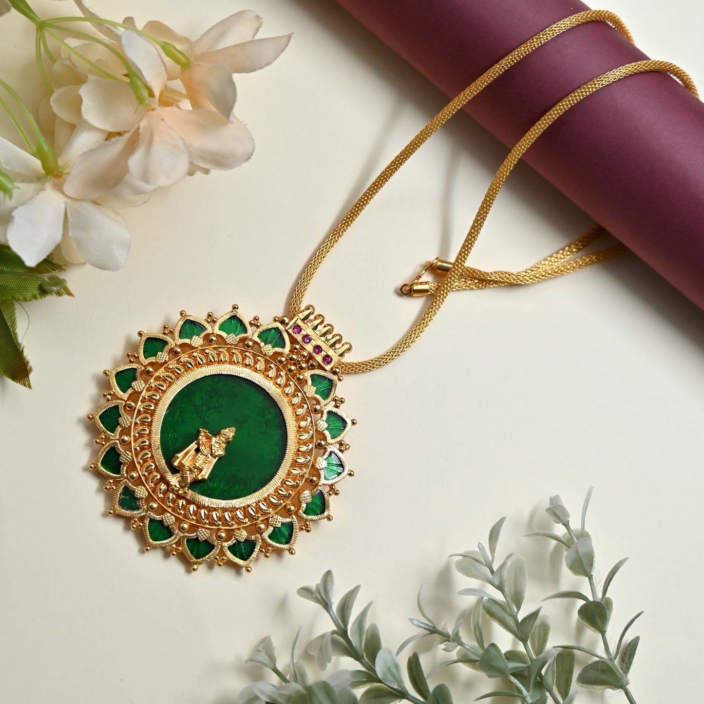 Real Gold Tone Traditional Kerala Big Palakka Krishna Pendant Long Chain