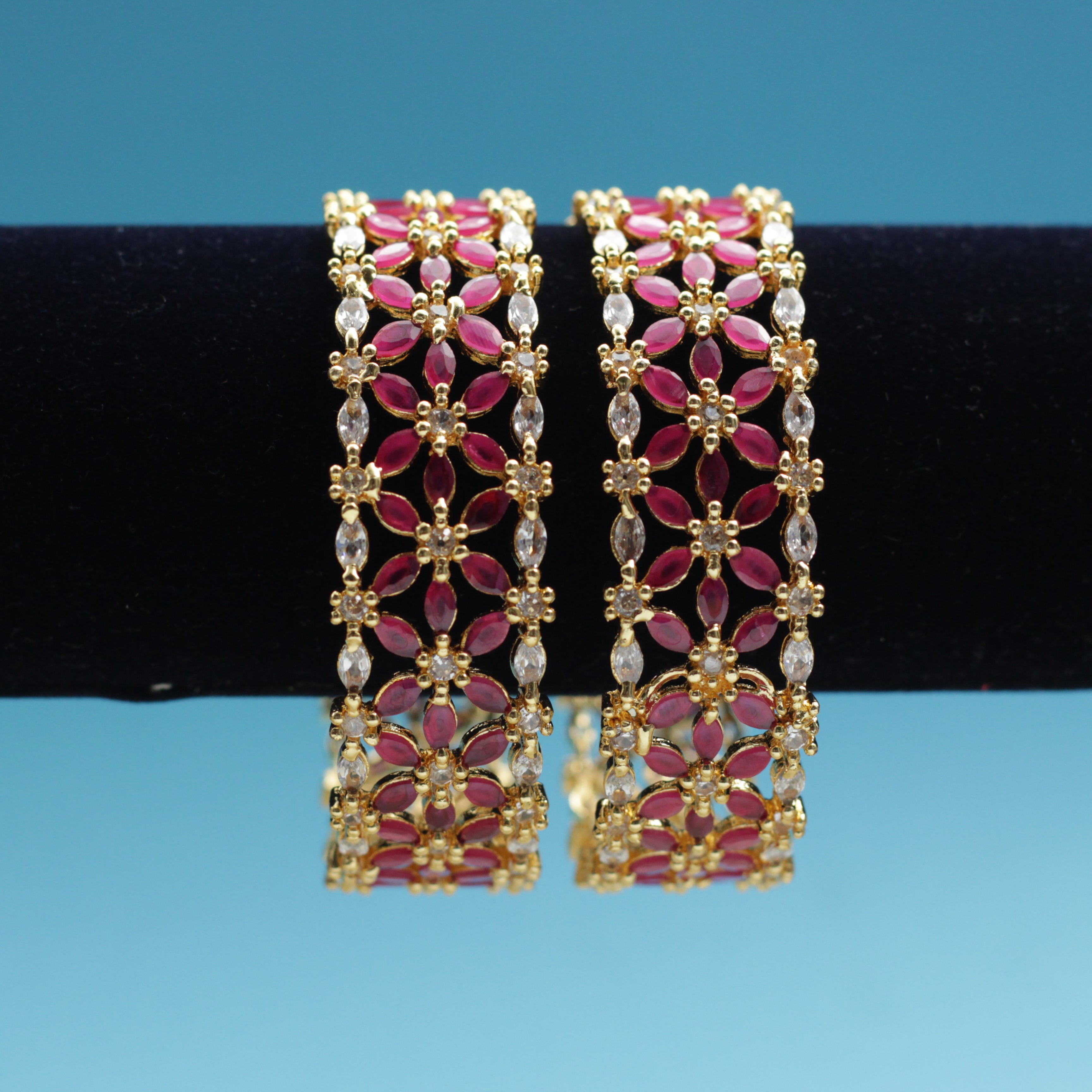 Thick Flower Cubic Zircon & AD Stone Gold Plated Bangles