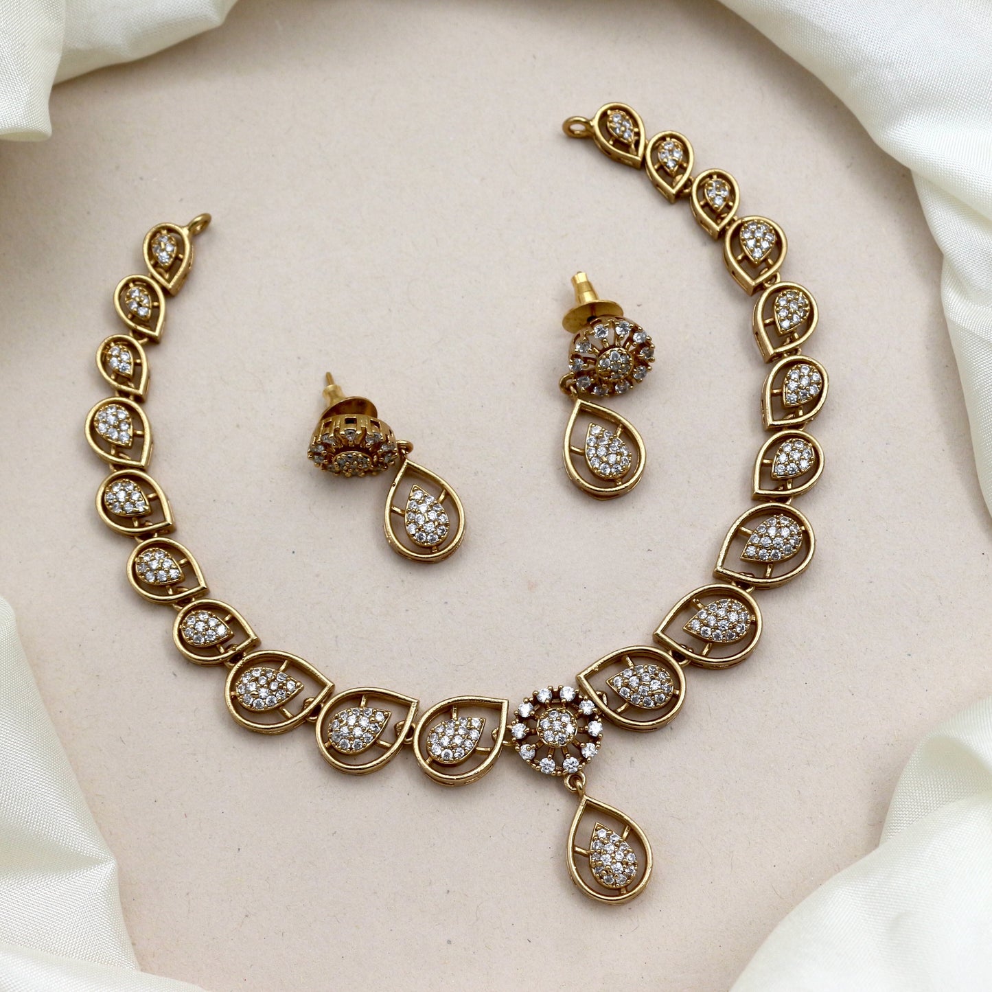 Diamond Look Antique Gold AD Mango Tilak Necklace Set