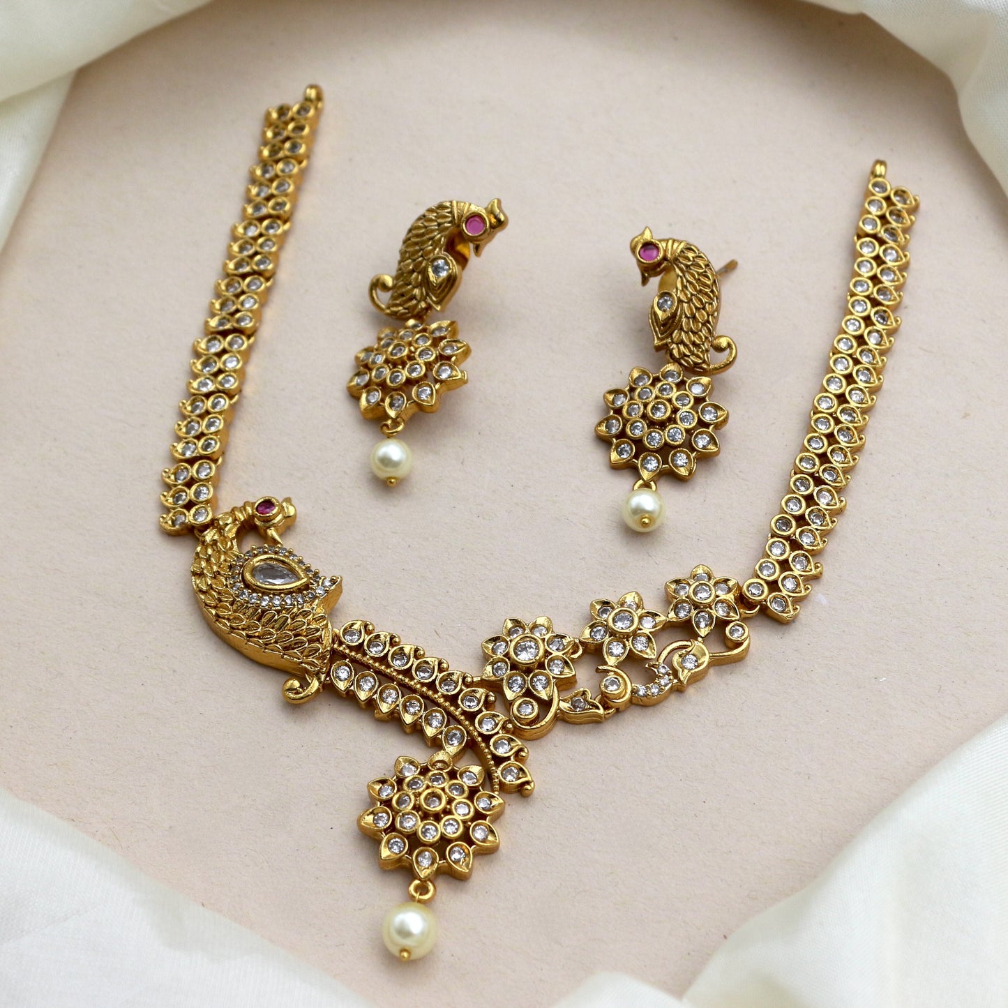 Antique Gold AD Peacock Flower Necklace Set