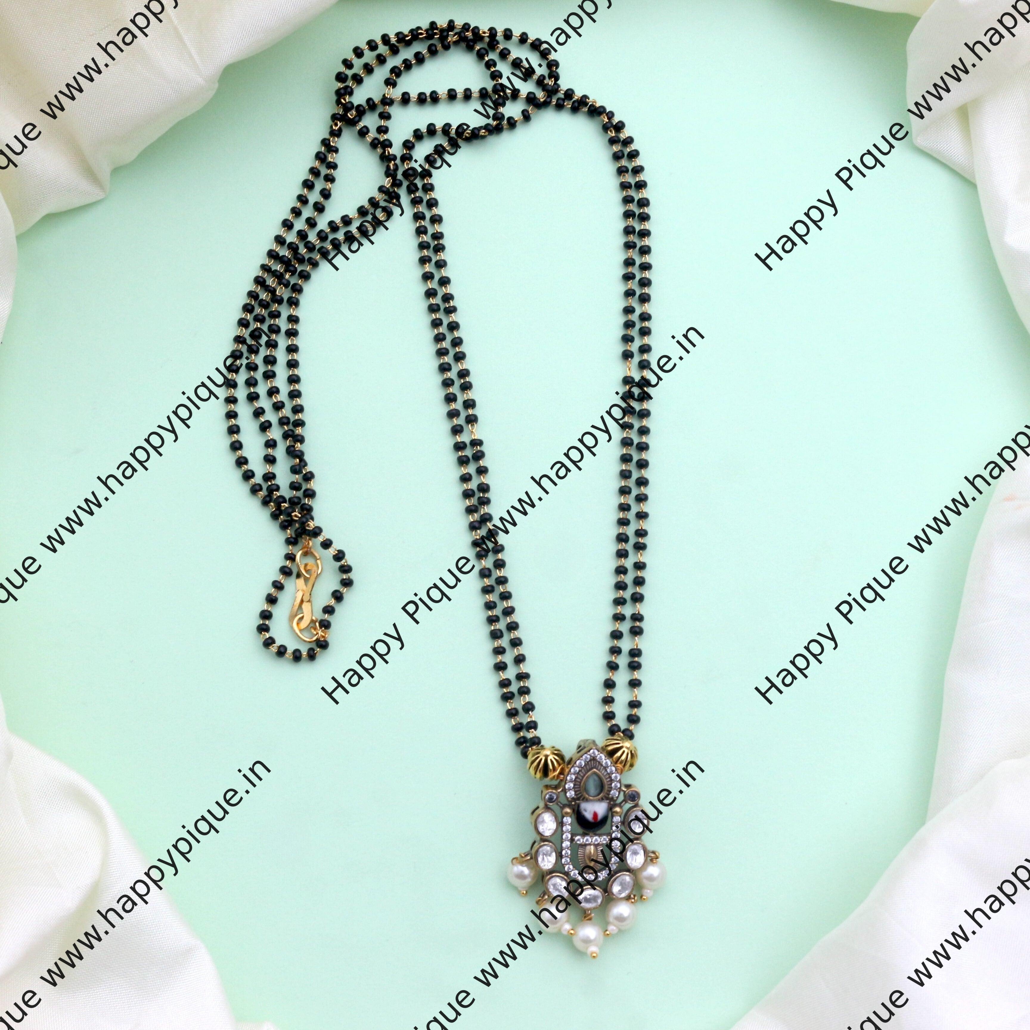 Victorian Vishnu Pendant 2 Line Black Beads Mangalsutra