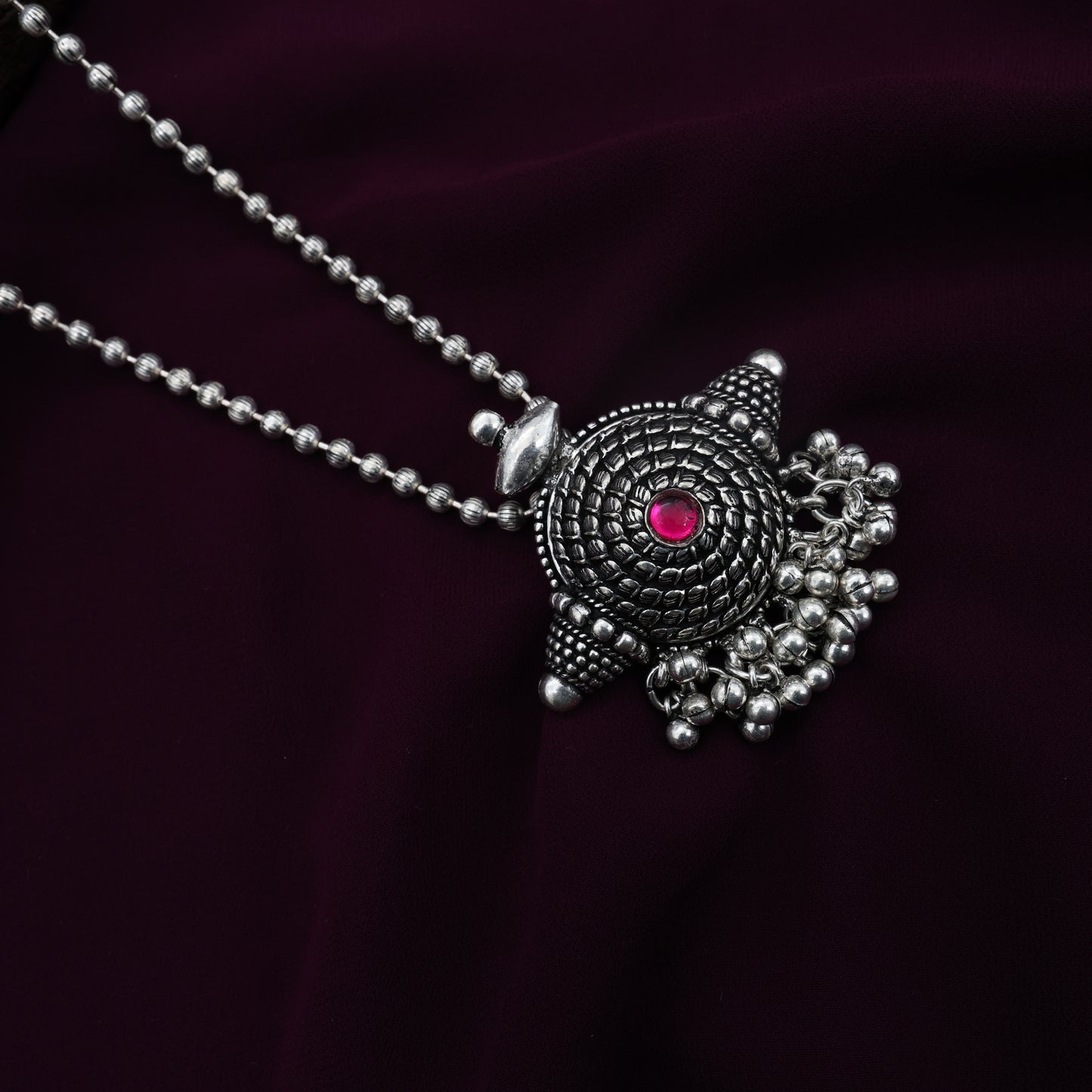 German Silver Oxidised Kolhapuri Chakra Pendant Mala