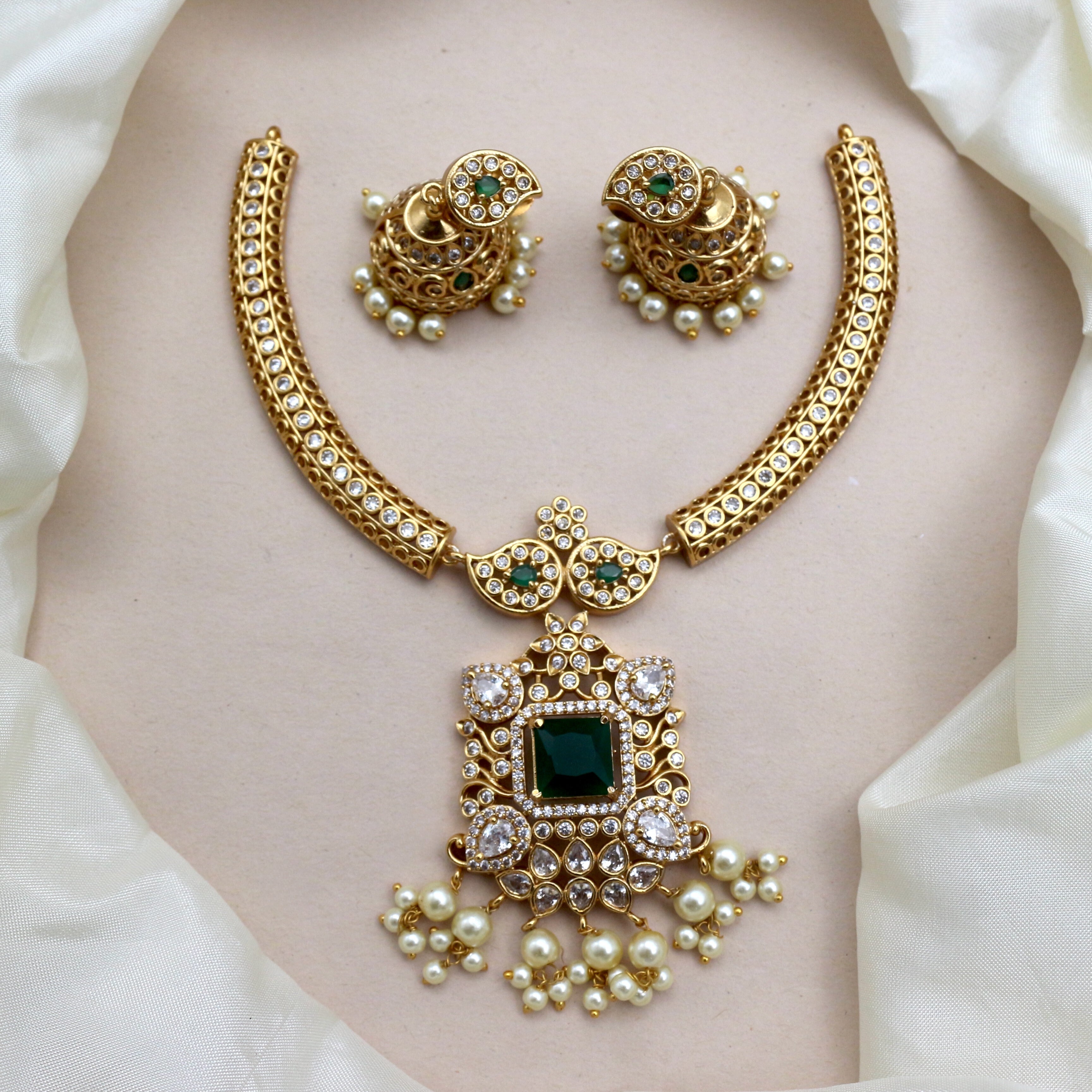 Antique Gold Premium AD Square Pendant Hasli Necklace Set