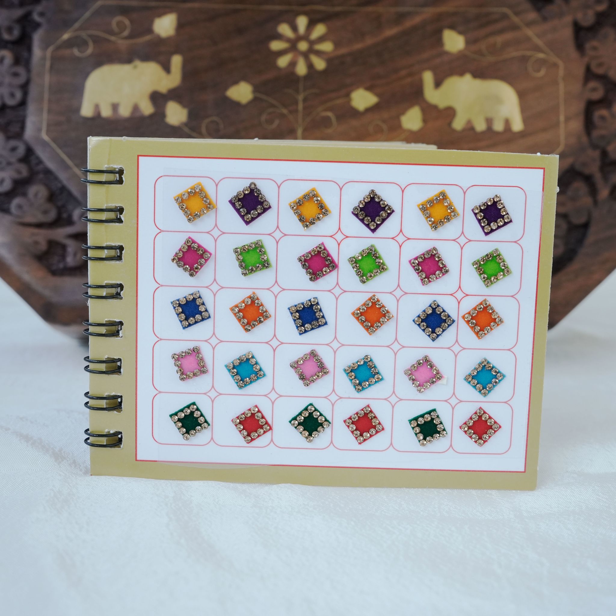 Mix Shapes and Multicolour Stone Border Fancy Velvet Bridal Bindis Sticker Kumkum Spiral Book - Size 3 - Swastik