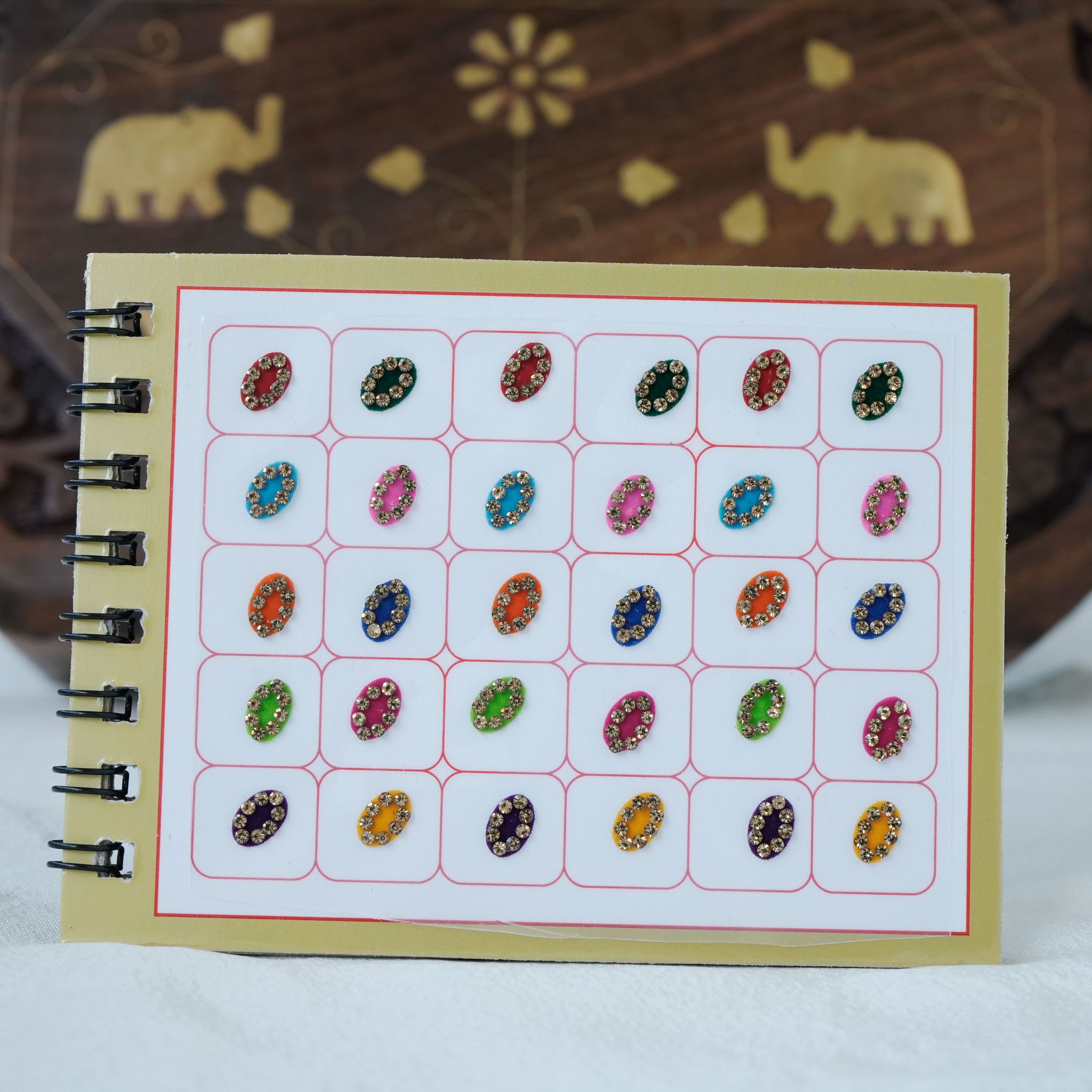 Mix Shapes and Multicolour Stone Border Fancy Velvet Bridal Bindis Sticker Kumkum Spiral Book - Size 2 - Swastik