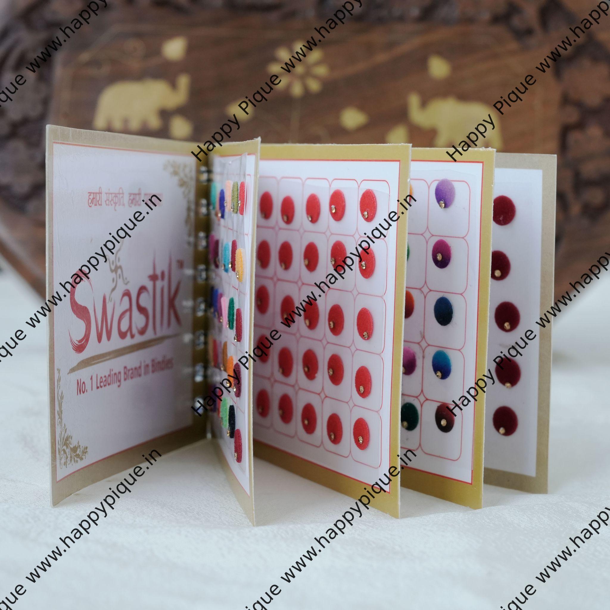 Round Multicolour Single Stone Fancy Velvet Bridal Bindis Sticker Kumkum Spiral Book - Size 7 - Swastik