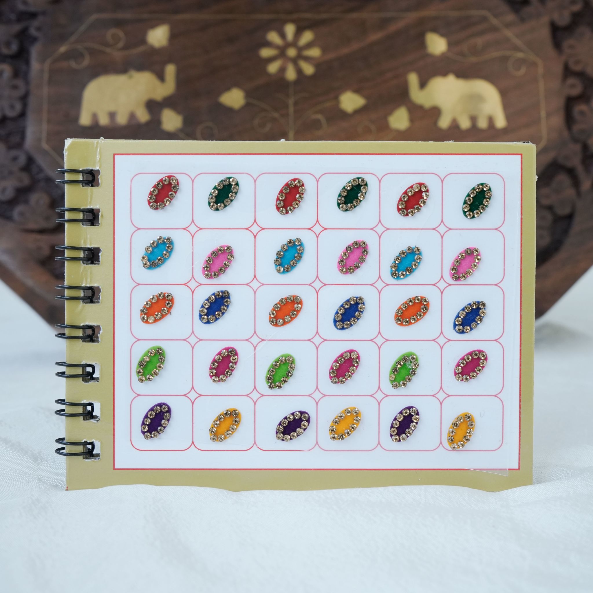 Mix Shapes and Multicolour Stone Border Fancy Velvet Bridal Bindis Sticker Kumkum Spiral Book - Size 3 - Swastik