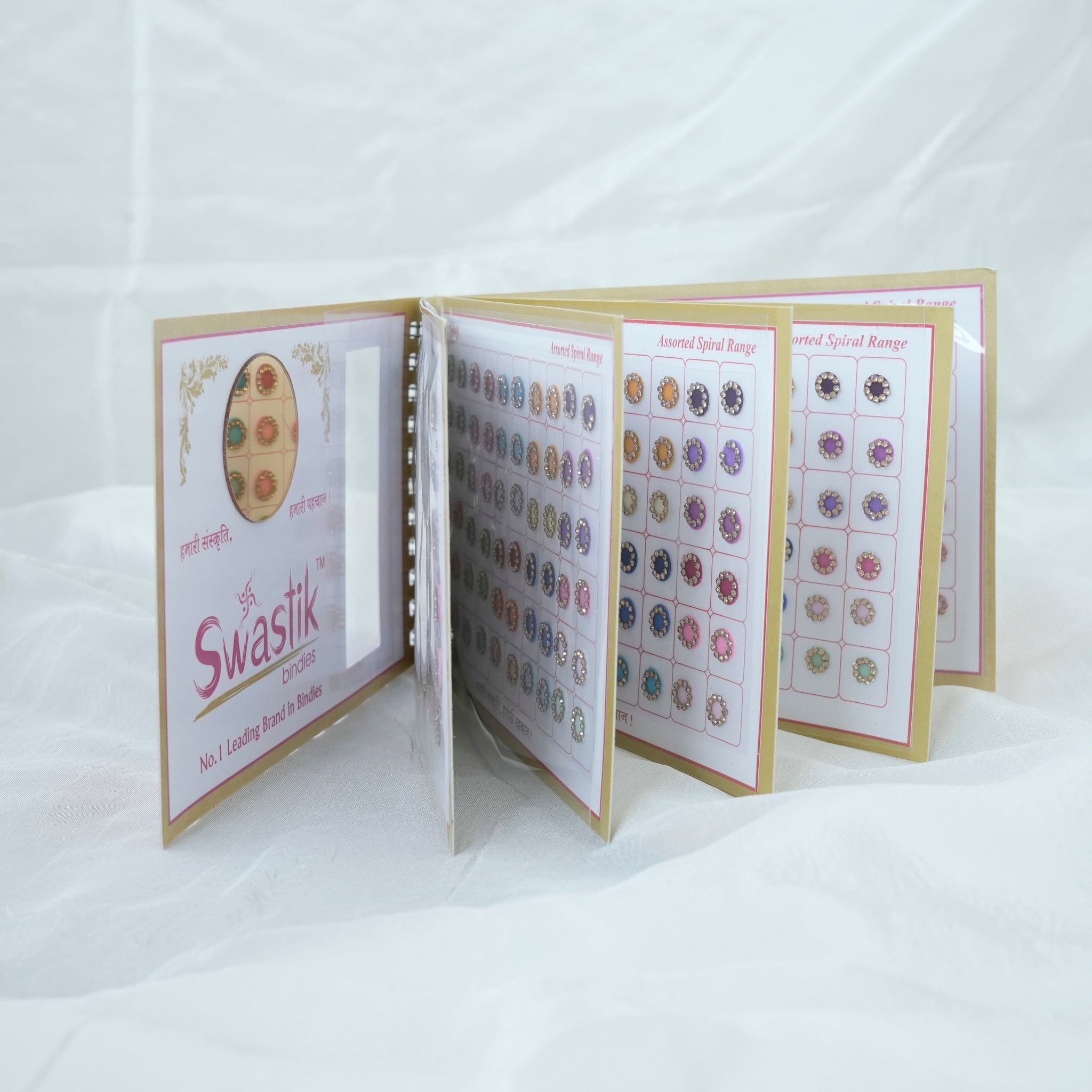 All Size Pastel Colour Stone Border Fancy Velvet Bridal Bindis Sticker Kumkum Spiral Book - Swastik