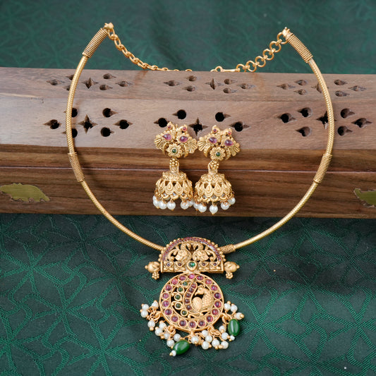 Budget Friendly Matte Finish Kemp Peacock Hasli Necklace Set - 005