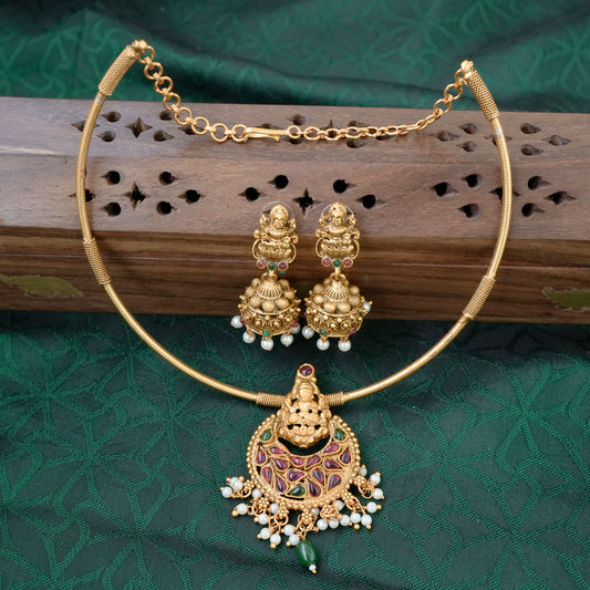 Budget Friendly Matte Finish Kemp Chaandini Lakshmi Hasli Necklace Set - 009