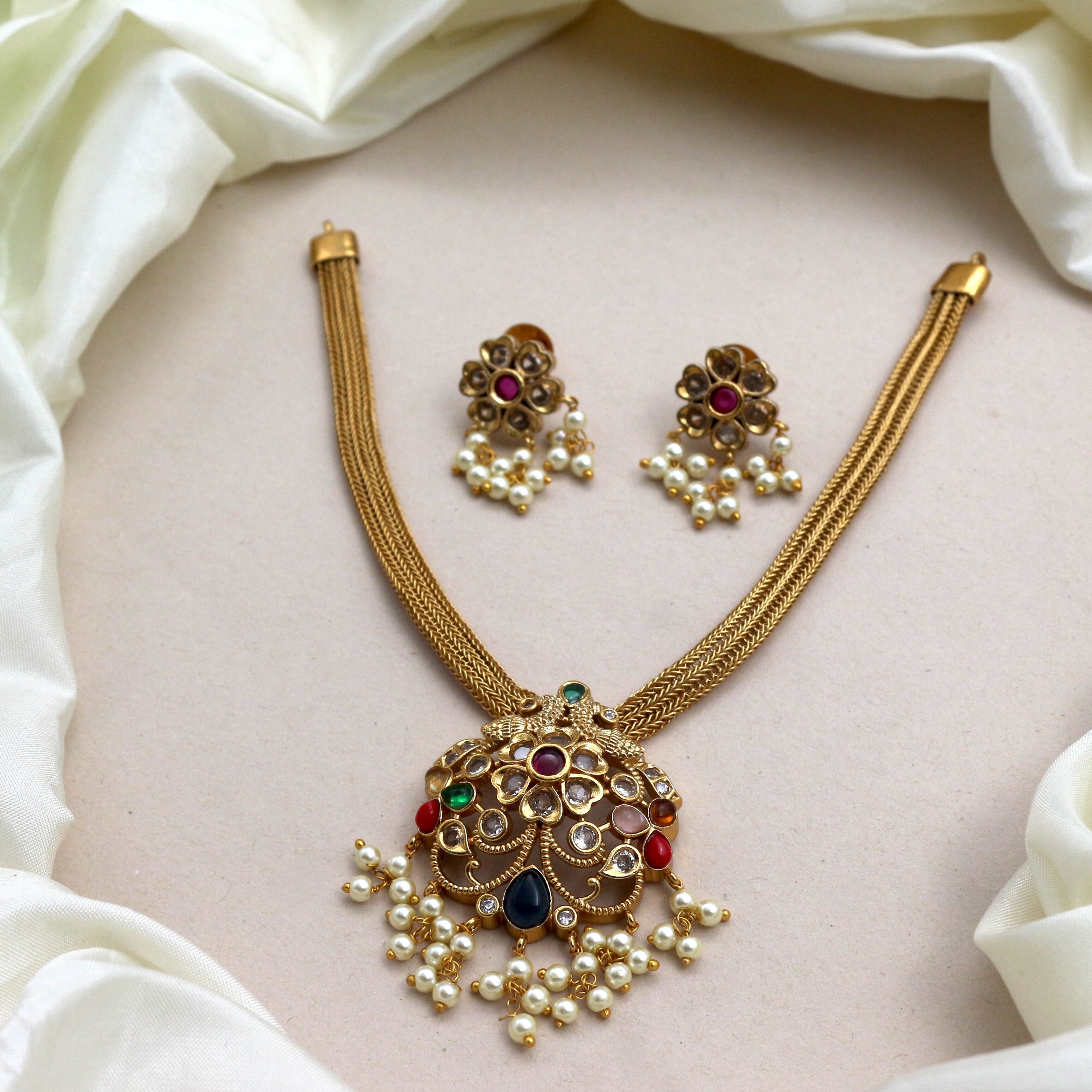 Antique Gold Navarathna Pendant Short Necklace Set