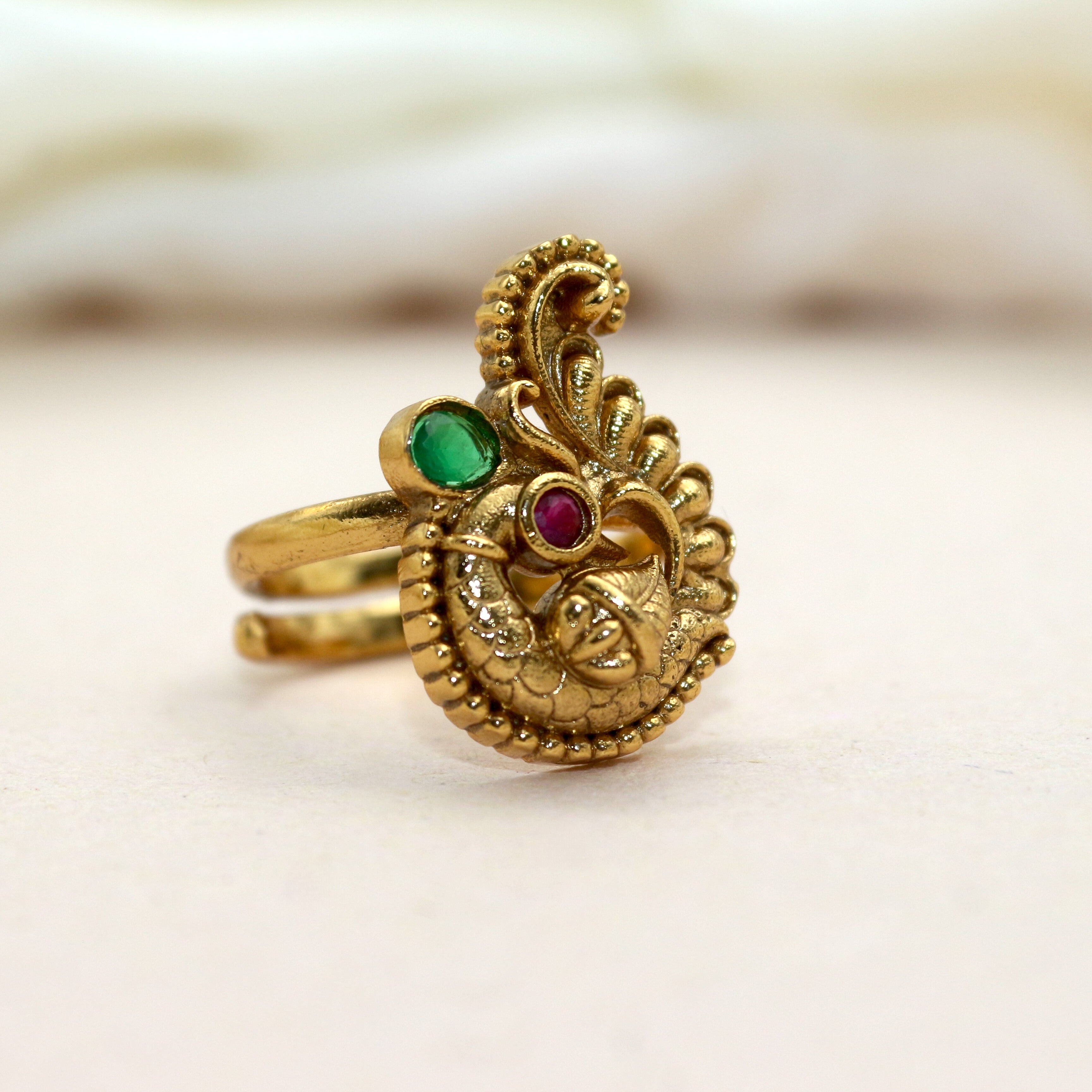 Antique Gold Kemp Peacock Adjustable Bridal Finger Ring