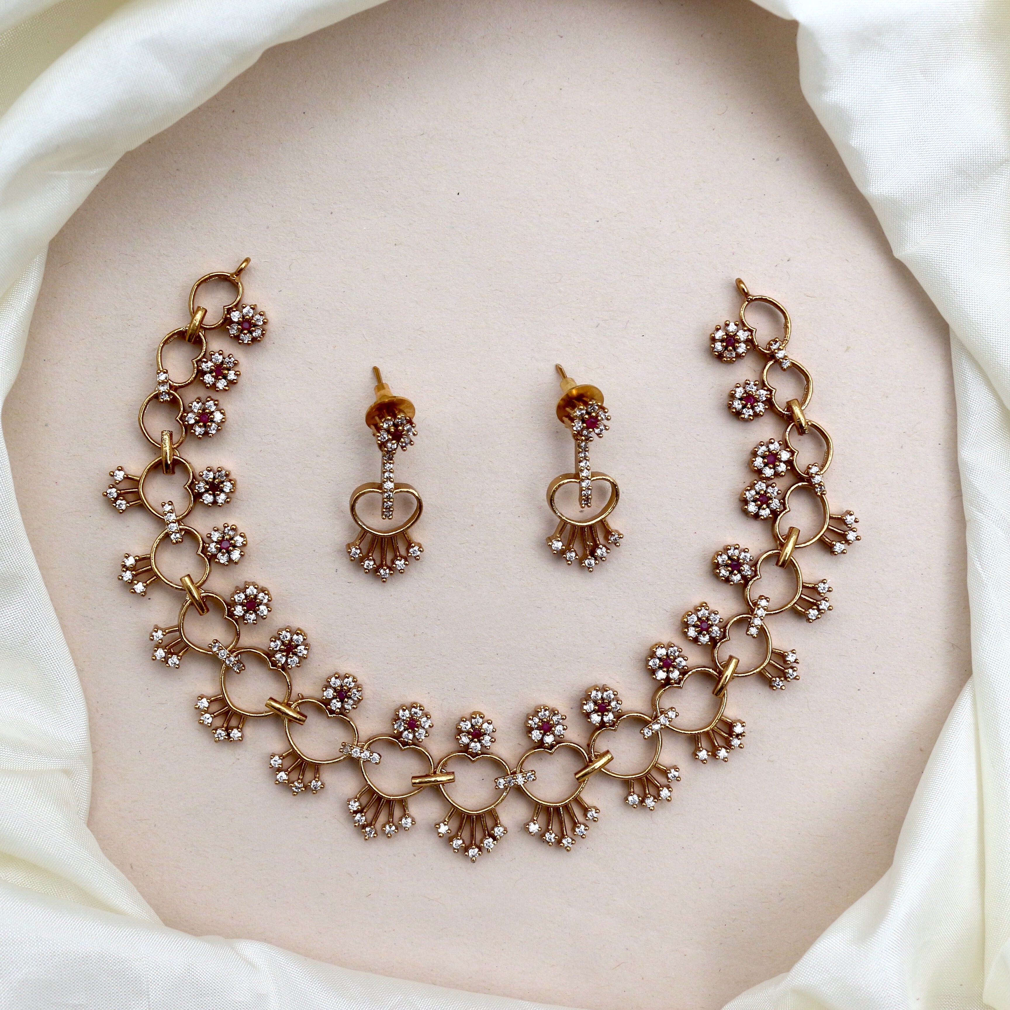 Antique Gold AD Weave Pattern Designer Flower Necklace Set