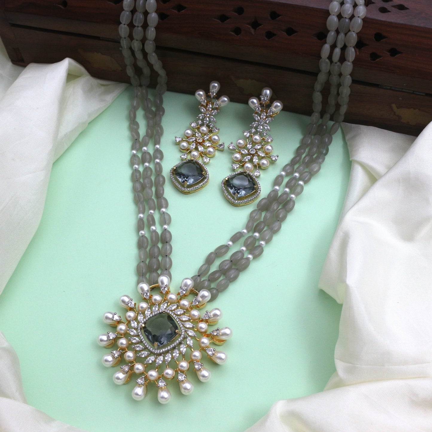 Premium AD Pearl Beads Mid Length Haaram
