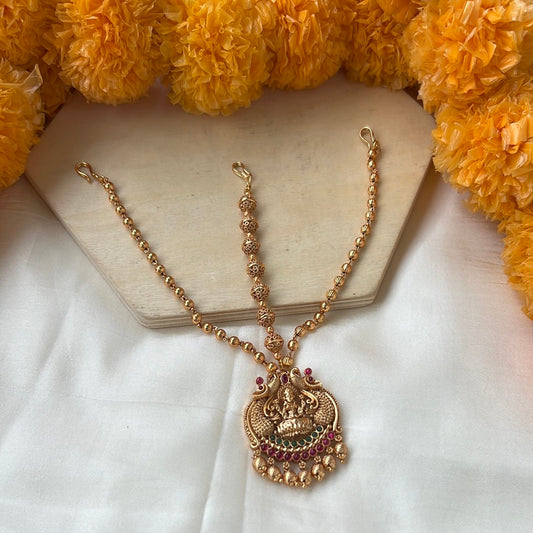 Premium Antique Gold Kemp Mayuri Lakshmi Bridal Nethichutti/Maang Teeka: Exquisite South Indian Temple Jewellery