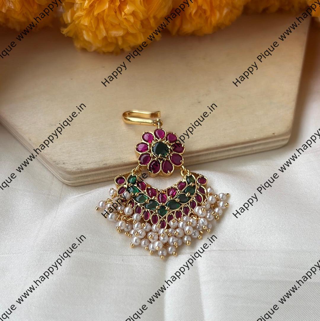 Real Kemp Antique Gold Chaand Flower Bridal Short Nethichutti/Maang Teeka: Exquisite South Indian Temple Jewellery