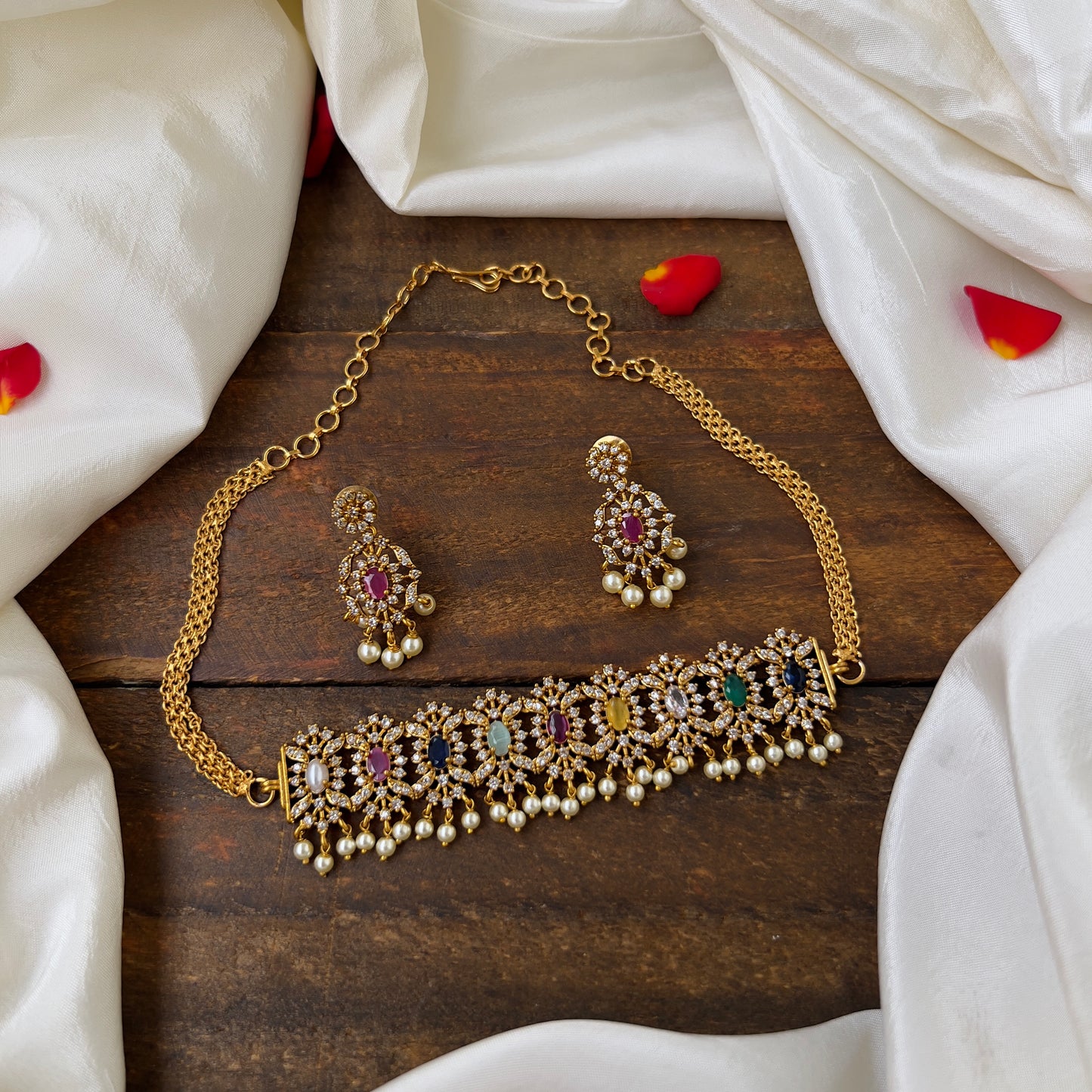 Antique Matte Navarathna Choker: Kids-Friendly Traditional Necklace with Vibrant Gemstones