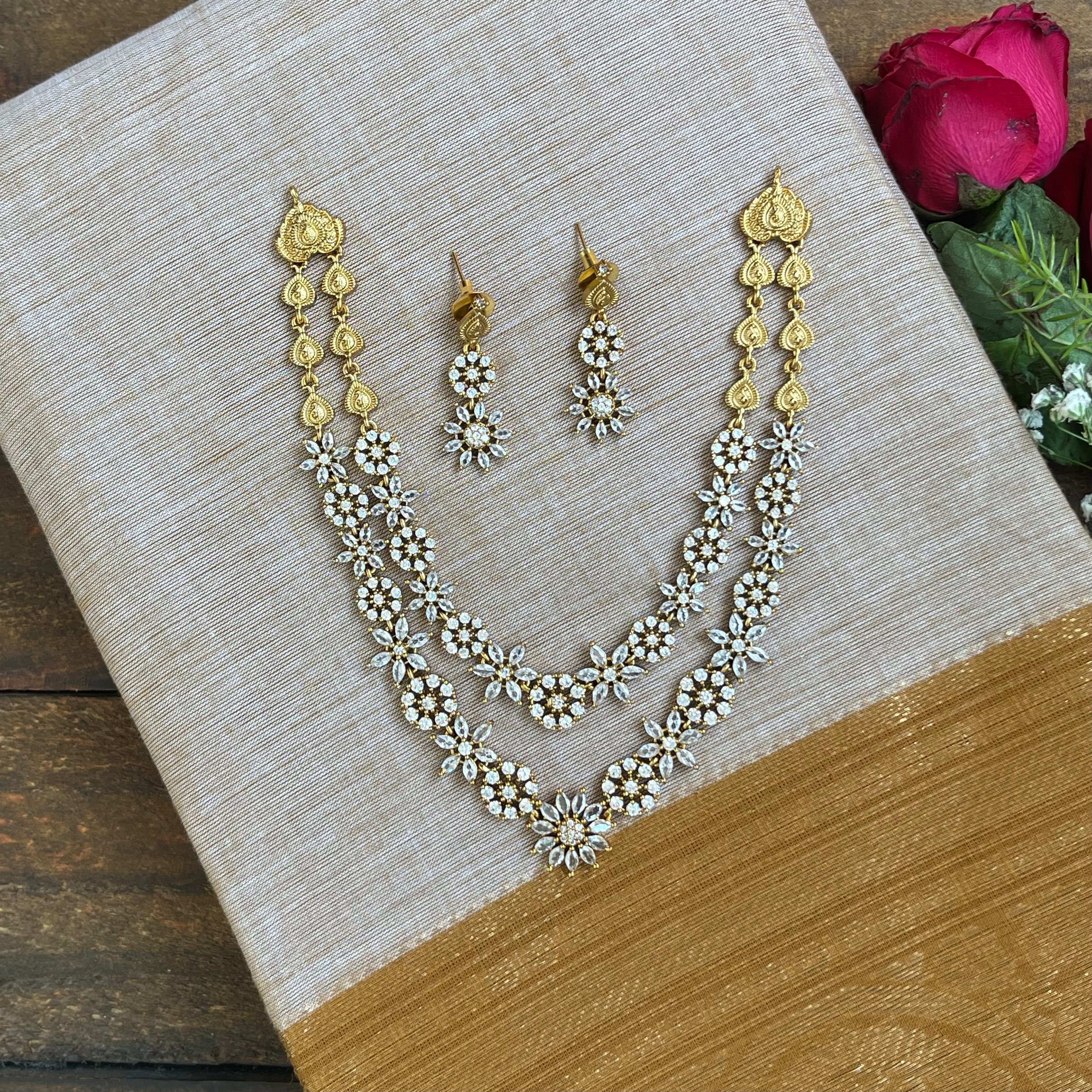 Diamond Look Two Line Lightweight Flower Necklace Set