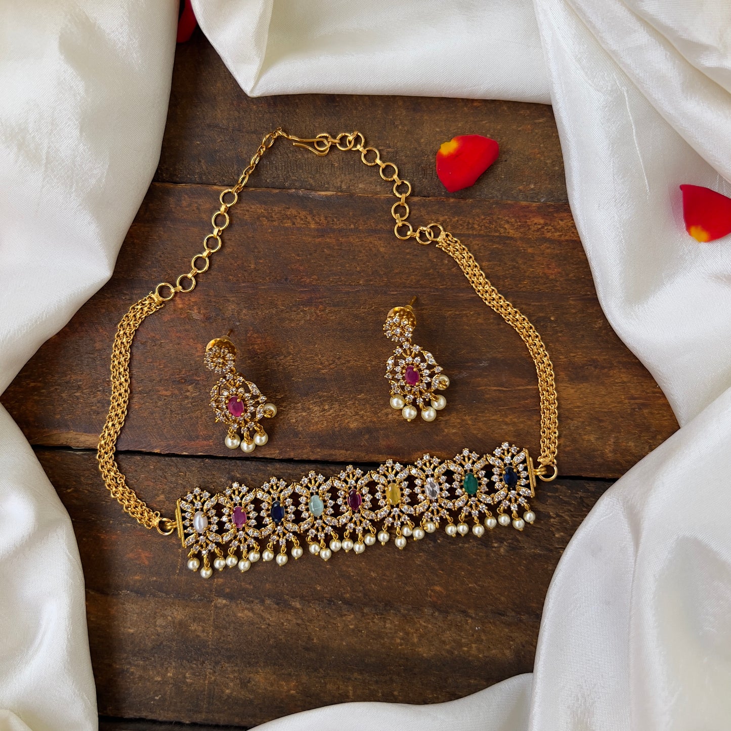 Antique Matte Navarathna Choker: Kids-Friendly Traditional Necklace with Vibrant Gemstones