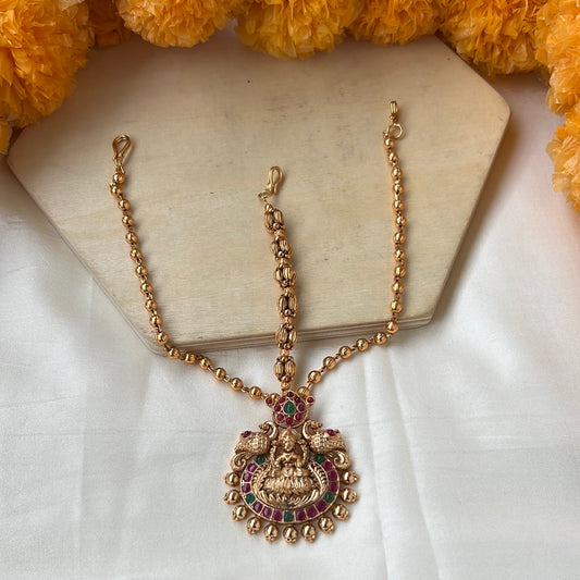 Premium Kemp Antique Gold Bridal Lakshmi Nethichutti/Maang Teeka: Exquisite South Indian Temple Jewellery