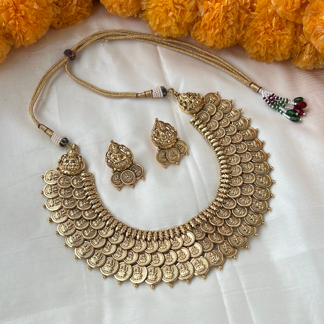 Exquisite South Indian Temple Bridal Jewellery: Gold Look 3 Line Lakshmi Coin Necklace Set