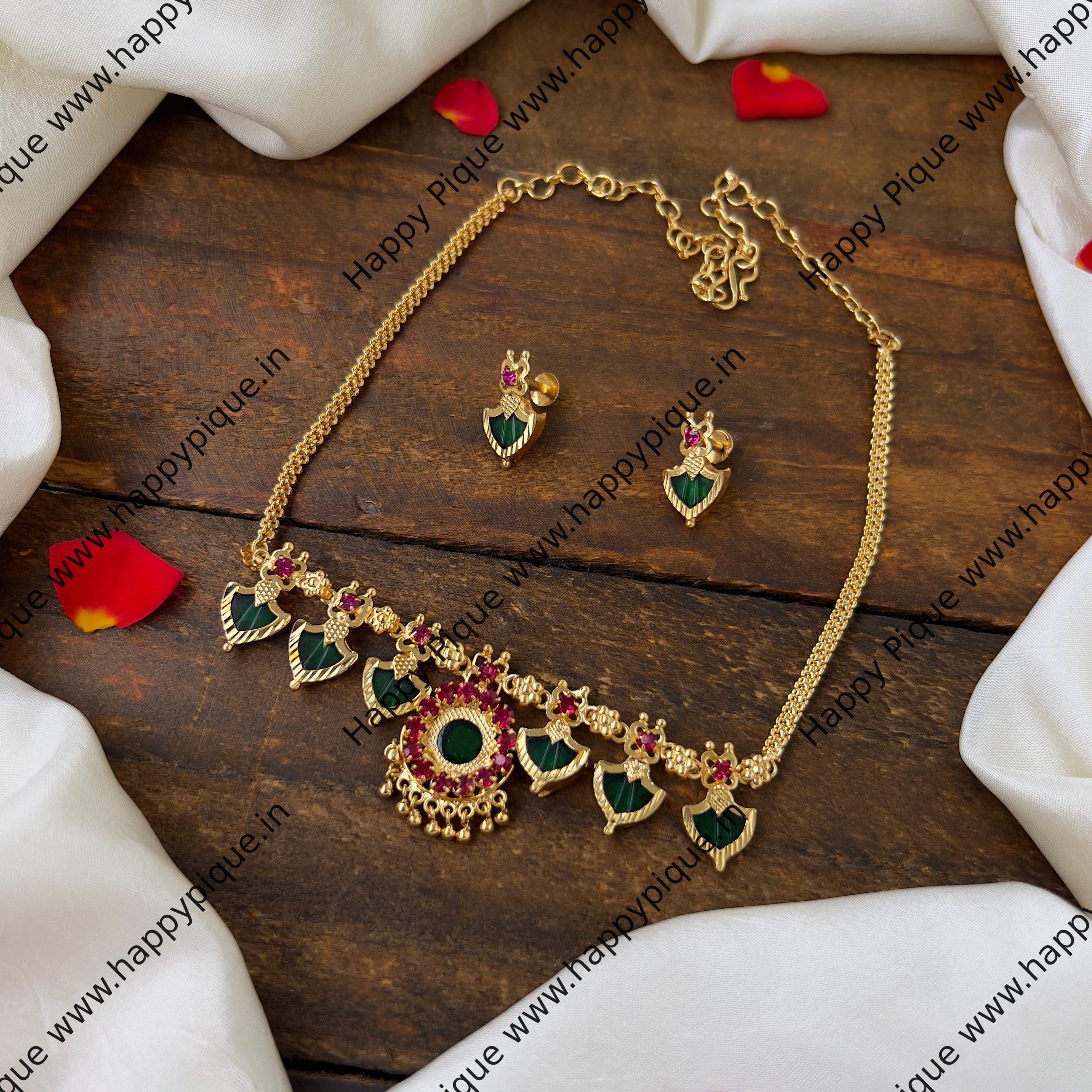 Stunning AD Gold-Look Short Palakka Necklace Set: Traditional Elegance for Women