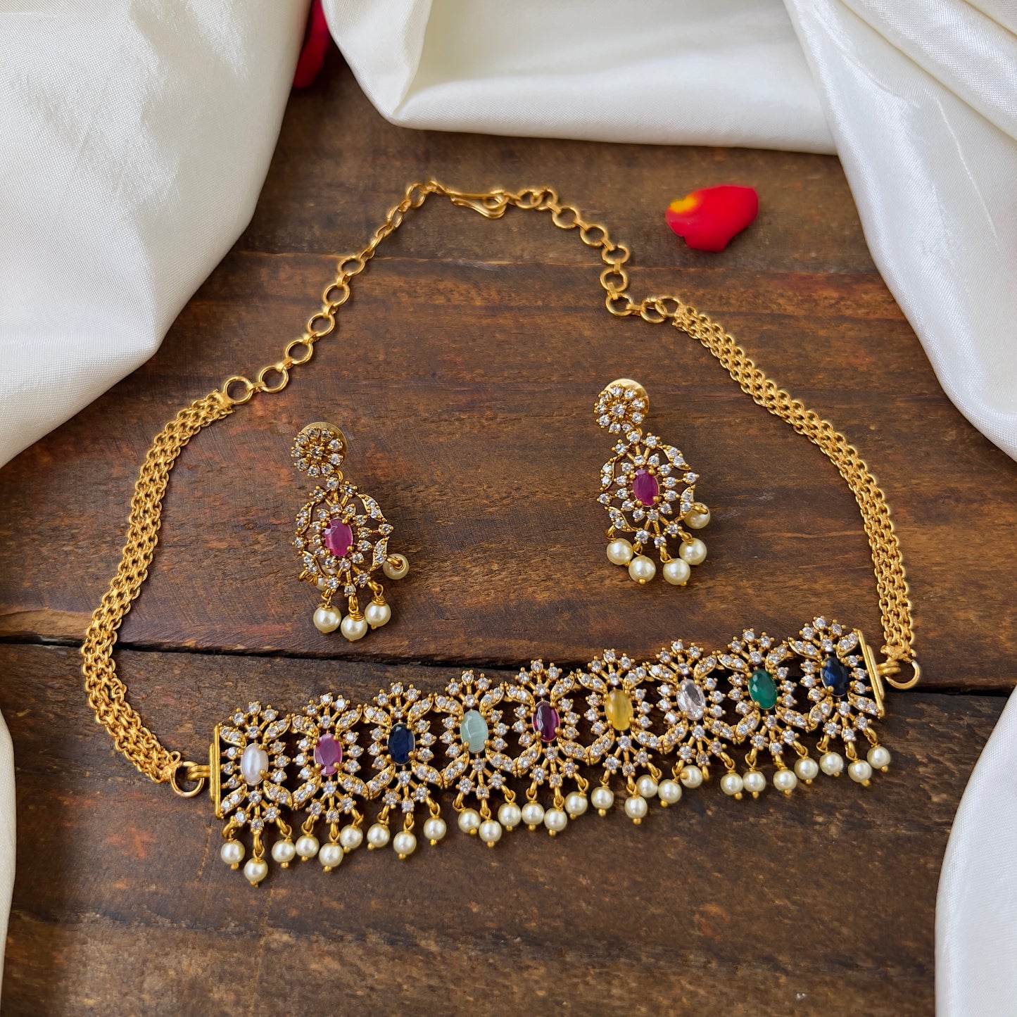 Antique Matte Navarathna Choker: Kids-Friendly Traditional Necklace with Vibrant Gemstones