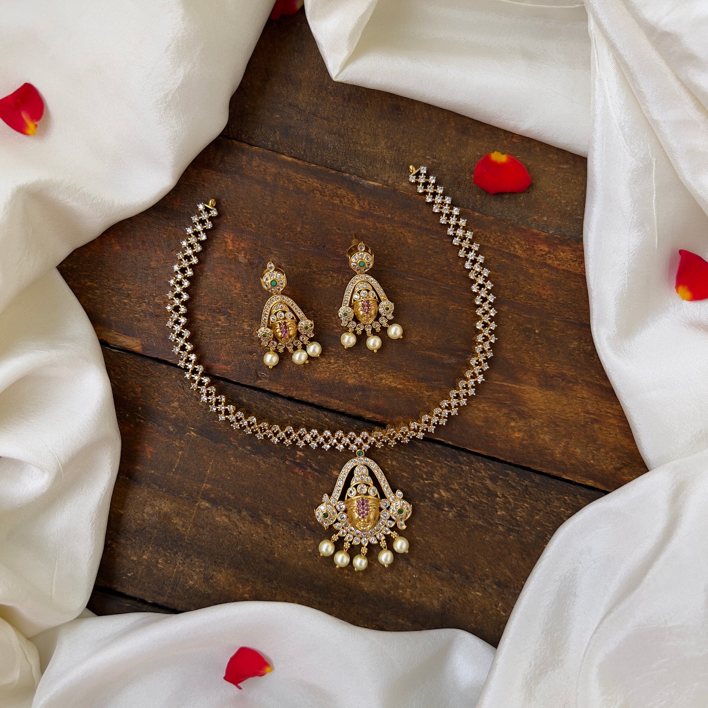 Exquisite AD Antique Matte Gold Tirupathi Balaji Necklace Set: Divine Beauty for Women