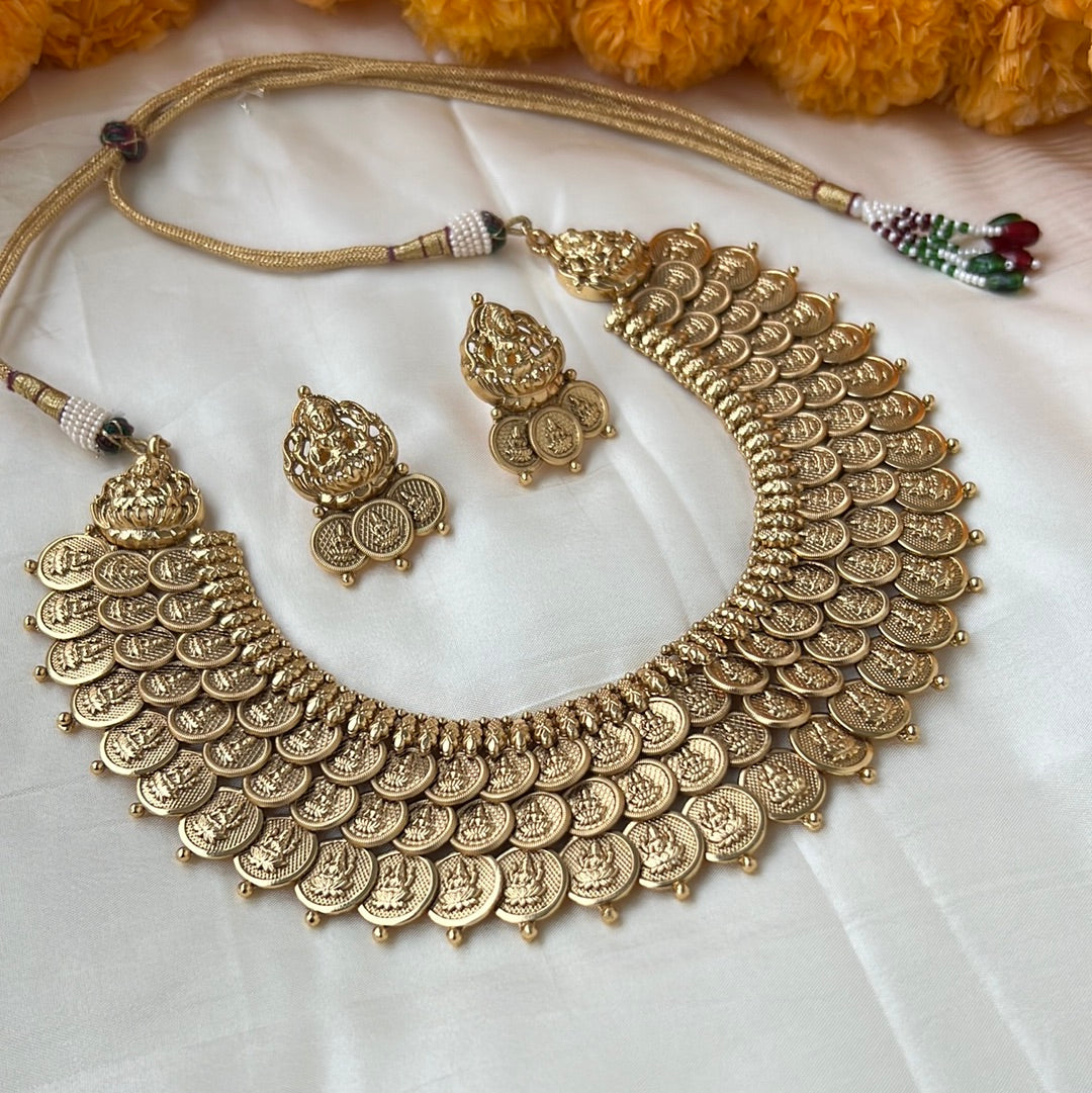 Exquisite South Indian Temple Bridal Jewellery: Gold Look 3 Line Lakshmi Coin Necklace Set