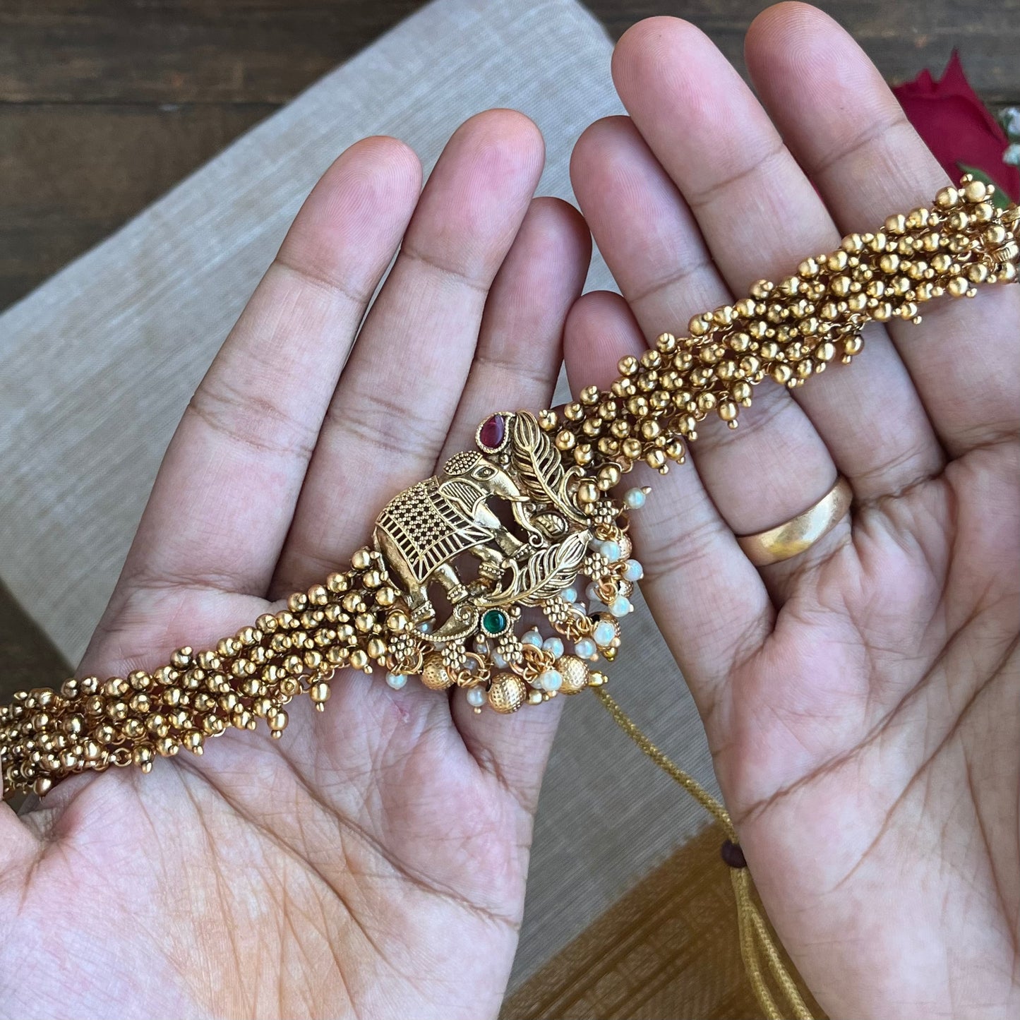 Gold Bunch Beads Elephant Temple Choker Set