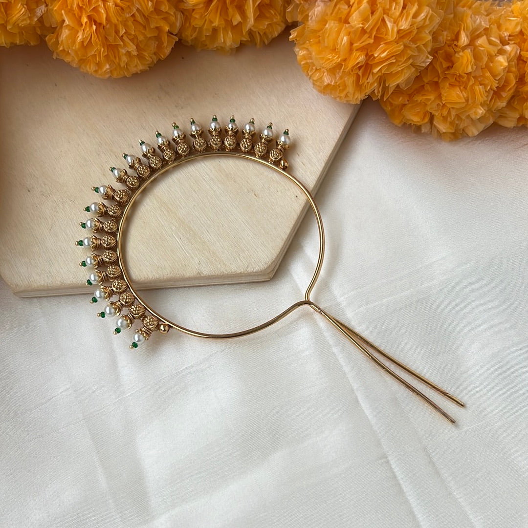 Antique Gold Bridal Pearl Bun Rakodi Hair Pin: Elegant South Indian Temple Jewellery