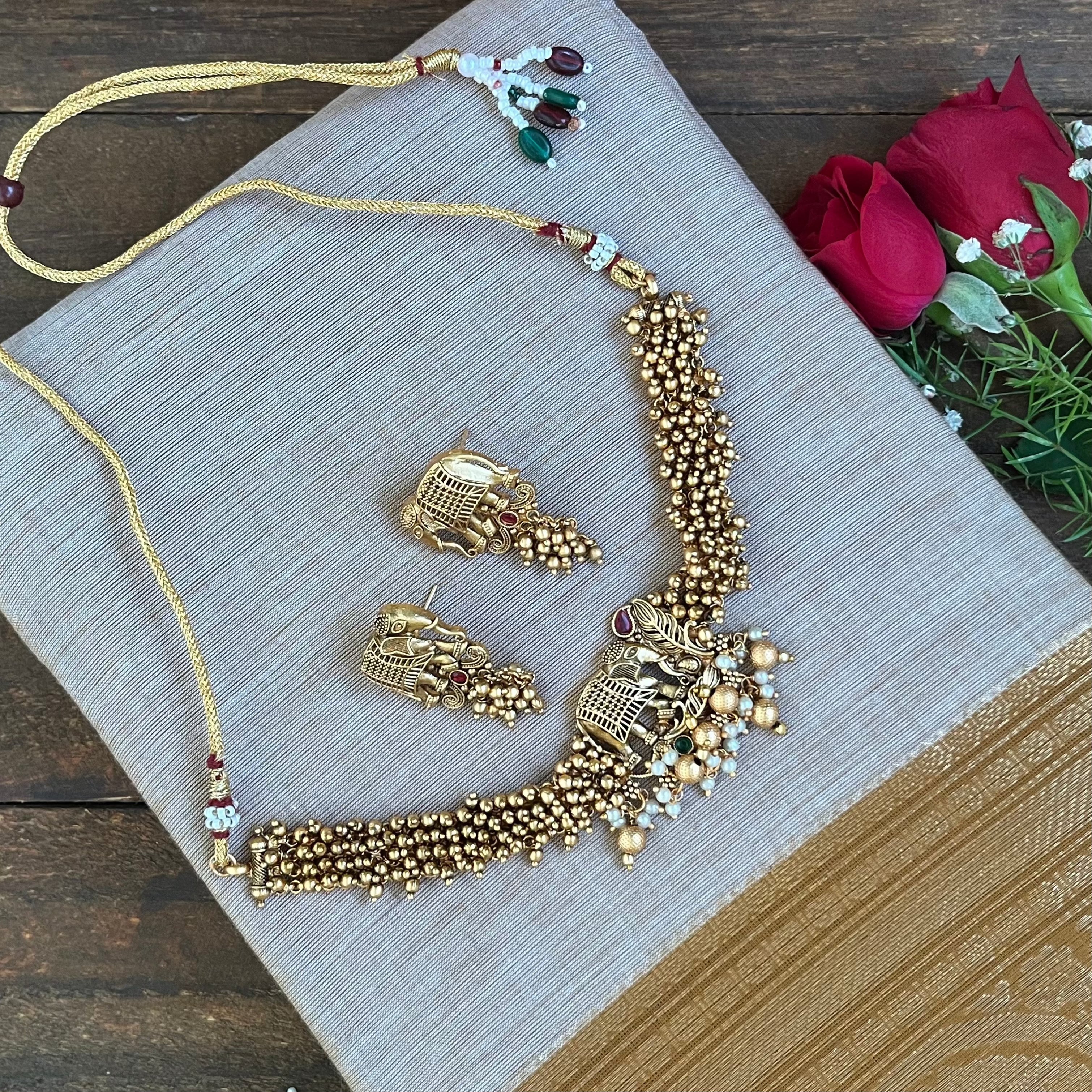 Gold Bunch Beads Elephant Temple Choker Set