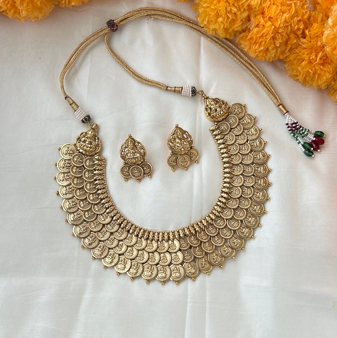 Exquisite South Indian Temple Bridal Jewellery: Gold Look 3 Line Lakshmi Coin Necklace Set