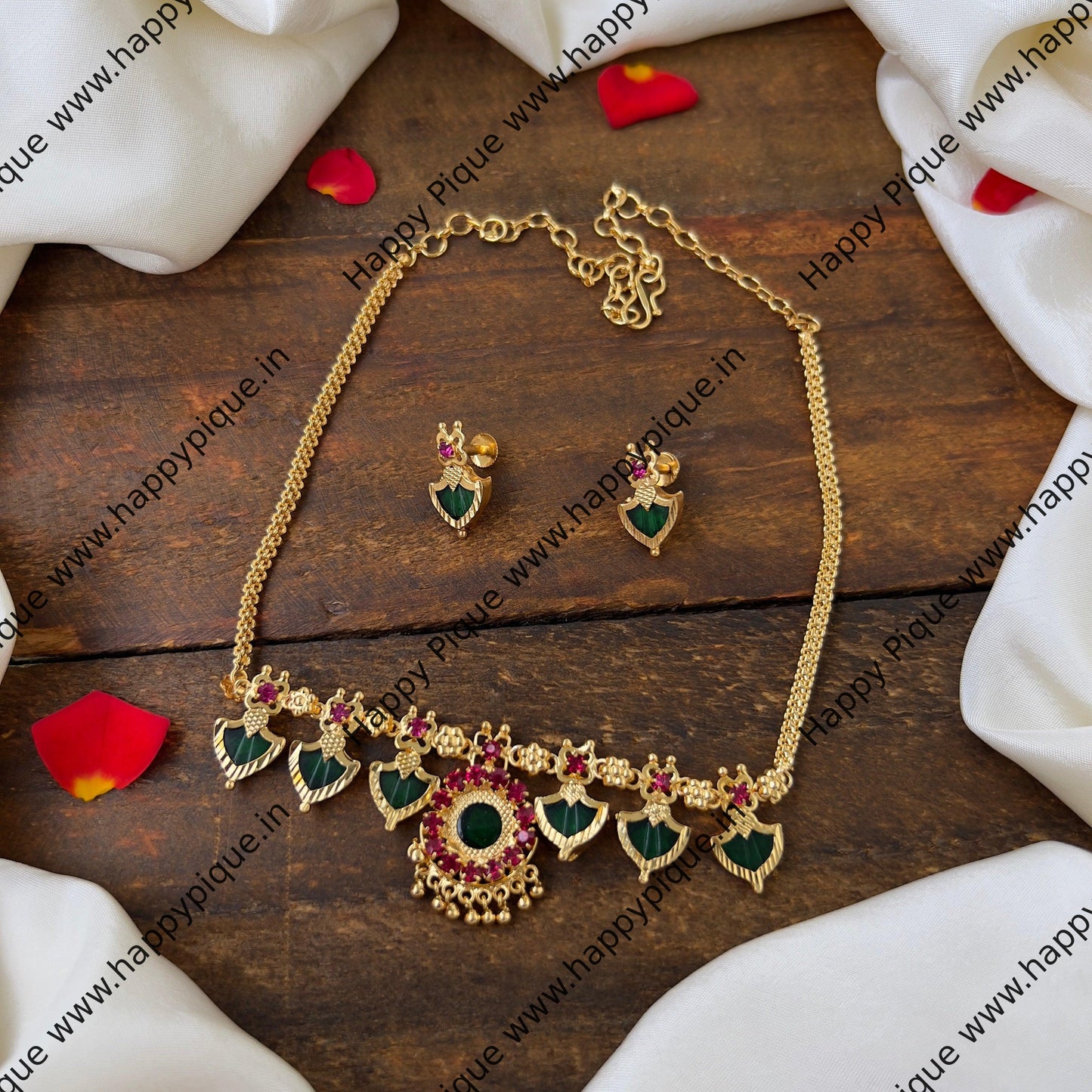 Stunning AD Gold-Look Short Palakka Necklace Set: Traditional Elegance for Women