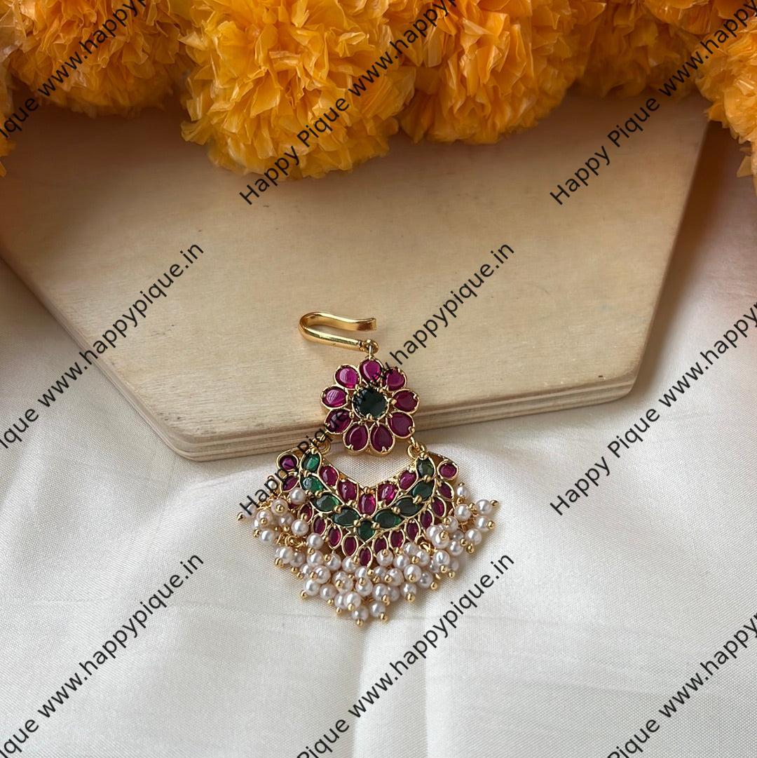 Real Kemp Antique Gold Chaand Flower Bridal Short Nethichutti/Maang Teeka: Exquisite South Indian Temple Jewellery