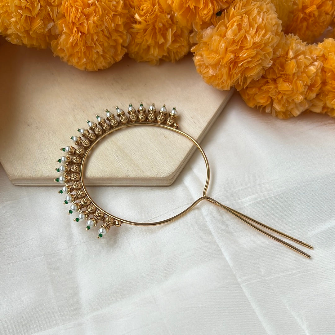 Antique Gold Bridal Pearl Bun Rakodi Hair Pin: Elegant South Indian Temple Jewellery