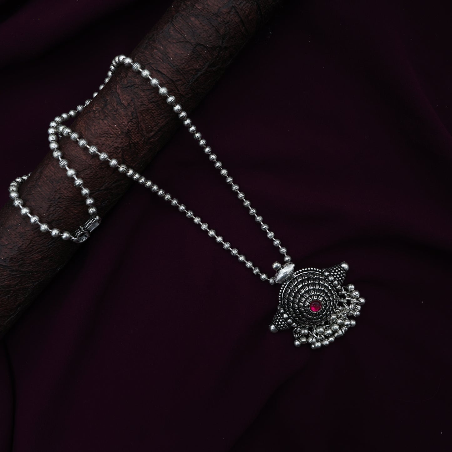 German Silver Oxidised Kolhapuri Chakra Pendant Mala