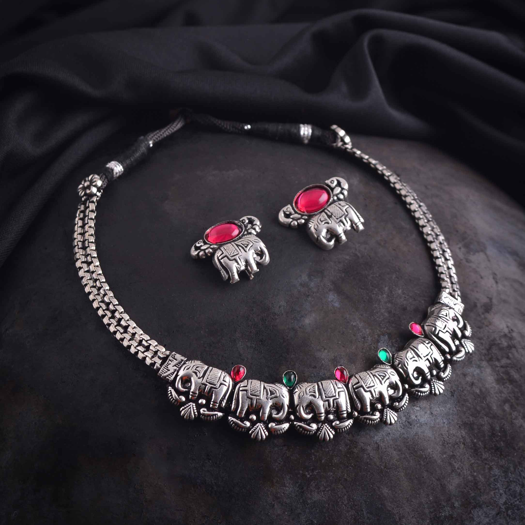 German Silver Oxidised Budget Friendly Kolhapuri Elephant Necklace