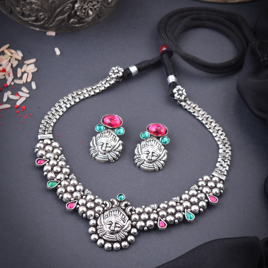 German Silver Oxidised Budget Friendly Kolhapuri Flower Durga Necklace