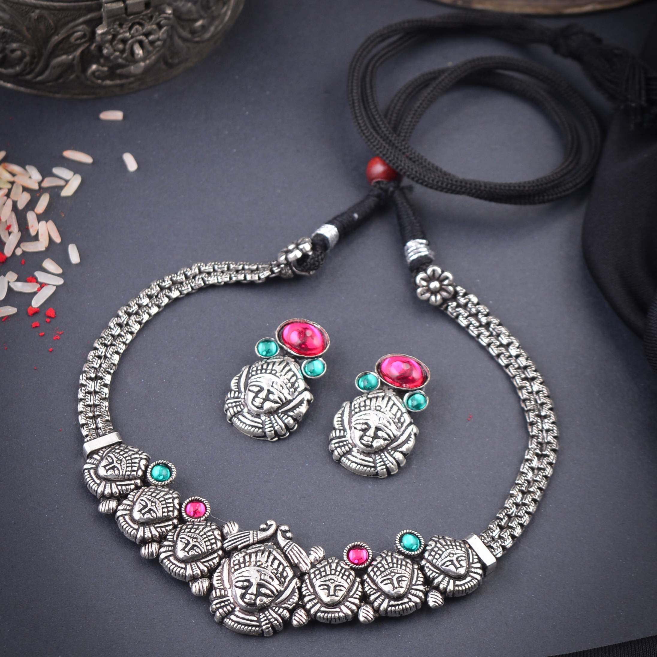 German Silver Oxidised Budget Friendly Kolhapuri Maa Durga Necklace