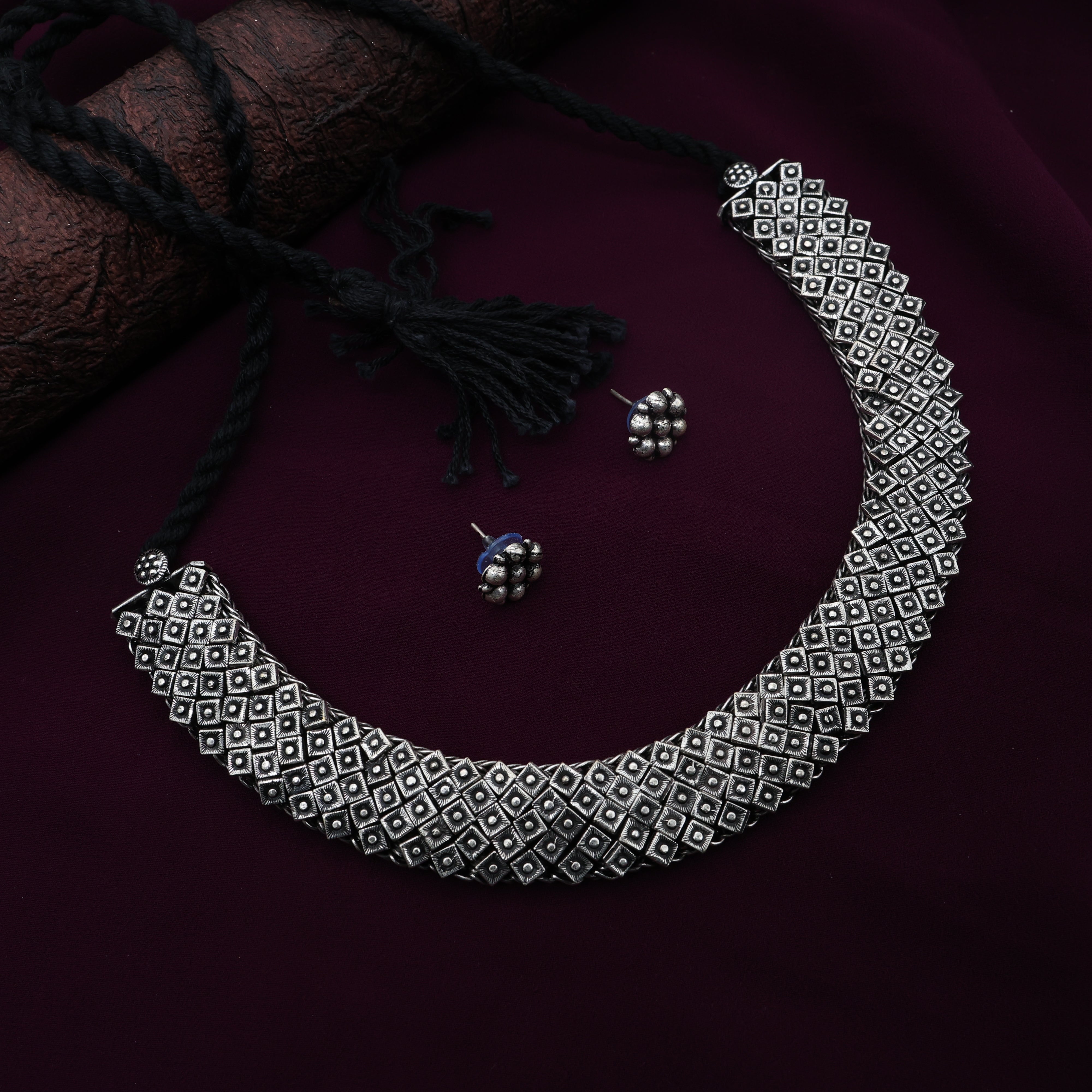 German Silver Oxidised Kolhapuri Diamond Dot Ethnic Necklace Set