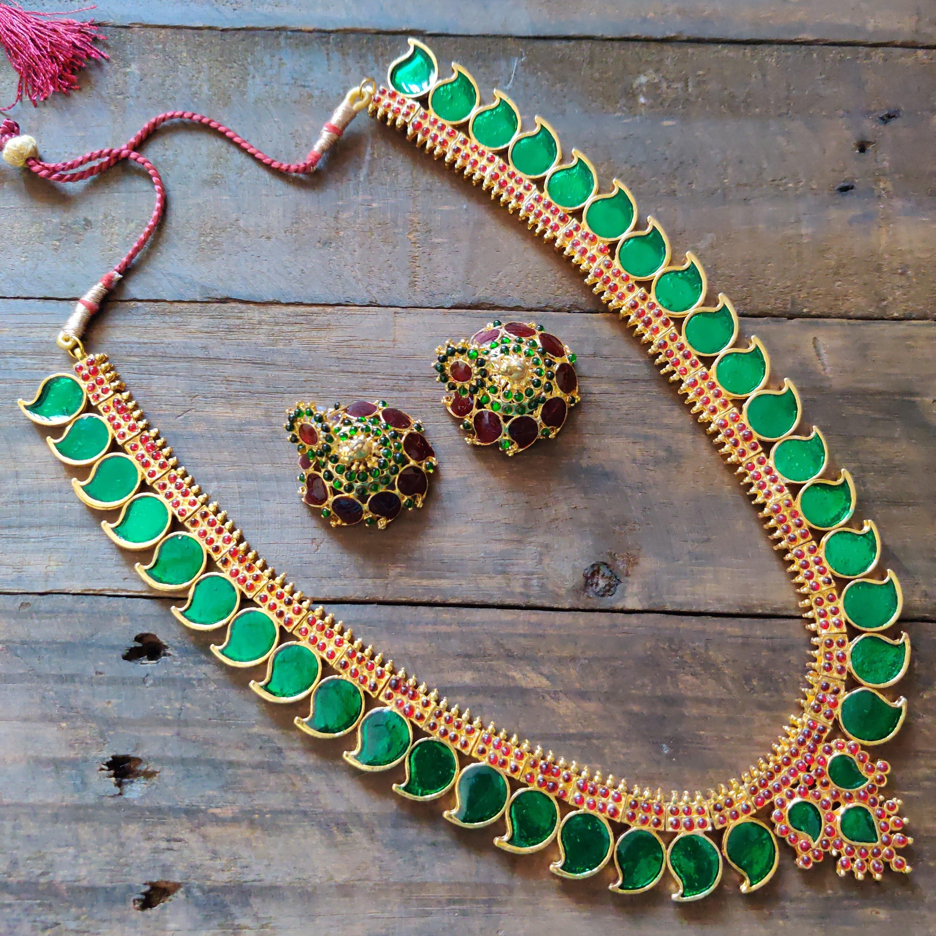 Green Palakka Kerala Haaram with Red Kemp Stones - Happy Pique 